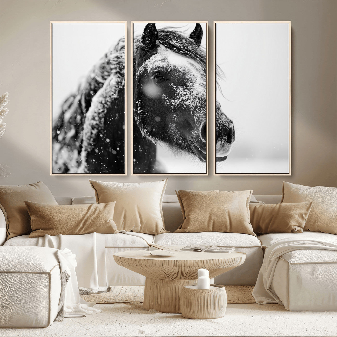 MGV-FC-48X32-3P - Winter Horse Canvas Print | Large 3-Panel Black White Equine Photography for Rustic Farmhouse Wall