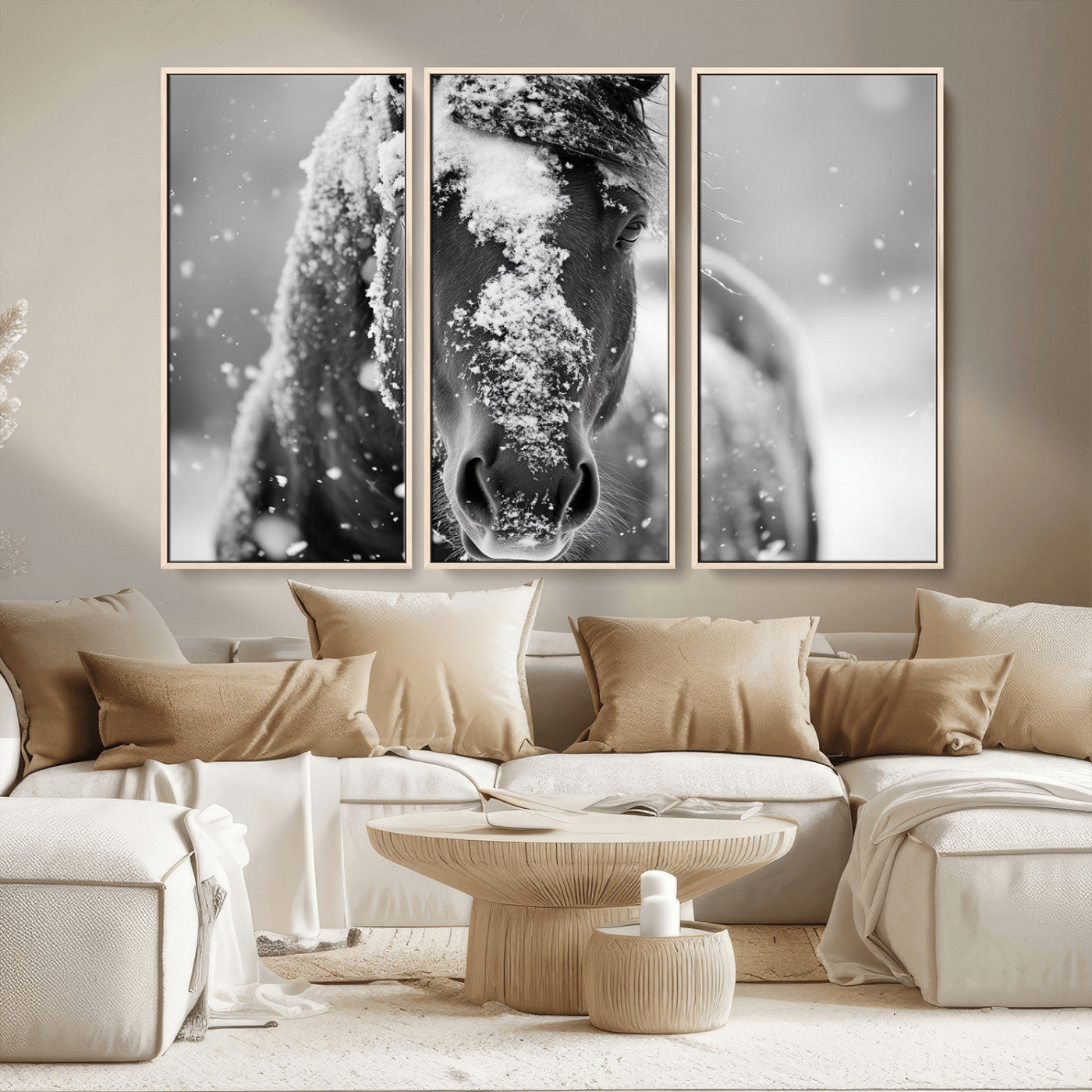 MGV-FC-48X32-3P - Black and White Horse Winter Wall Art | Ready to Hang and Framed | Farmhouse Wall Decor | Western