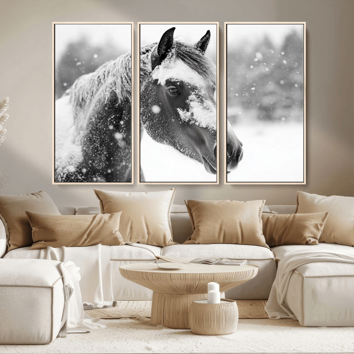 MGV-FC-48X32-3P - Black Horse Winter Wall Art | Ready to Hang and Framed | Farmhouse and Western Wall Decor for Living