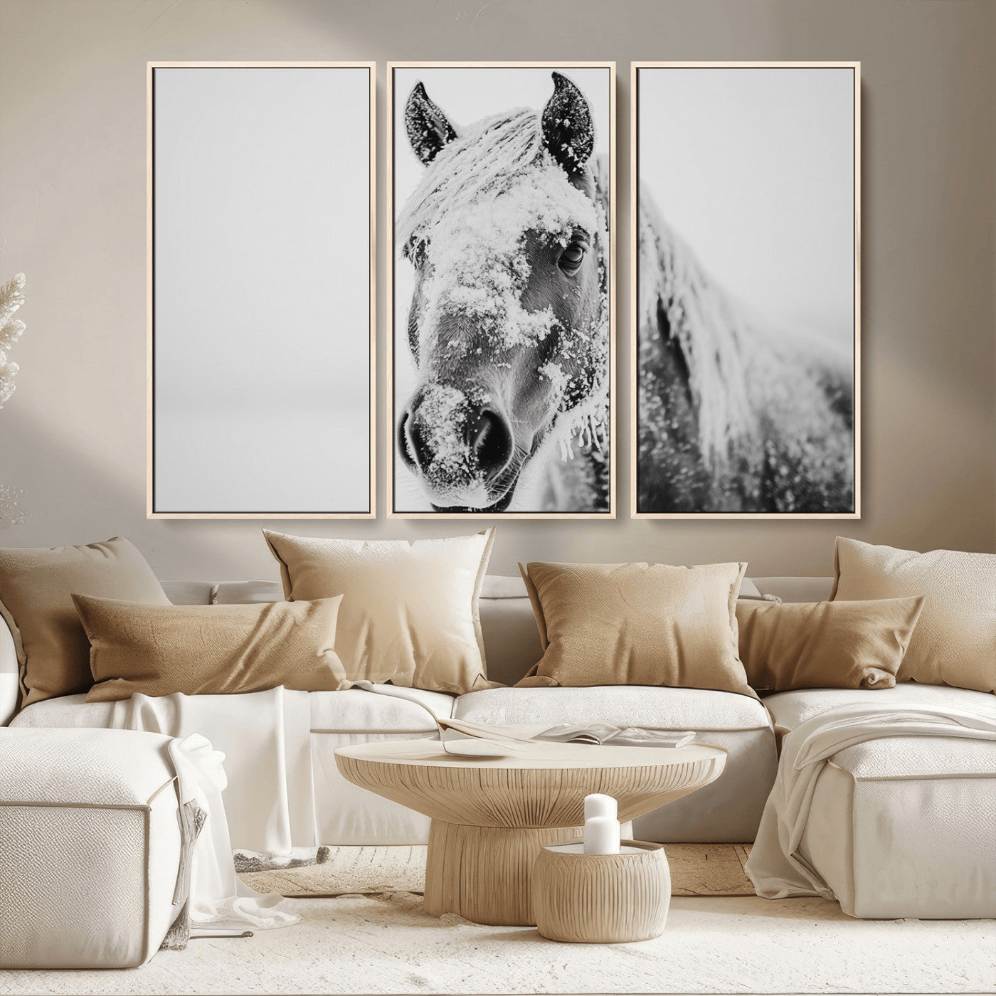 MGV-FC-48X32-3P - White Horse Wall Art | Ready to Hang and Framed | Winter Horse Wall Art Print for Farmhouse and