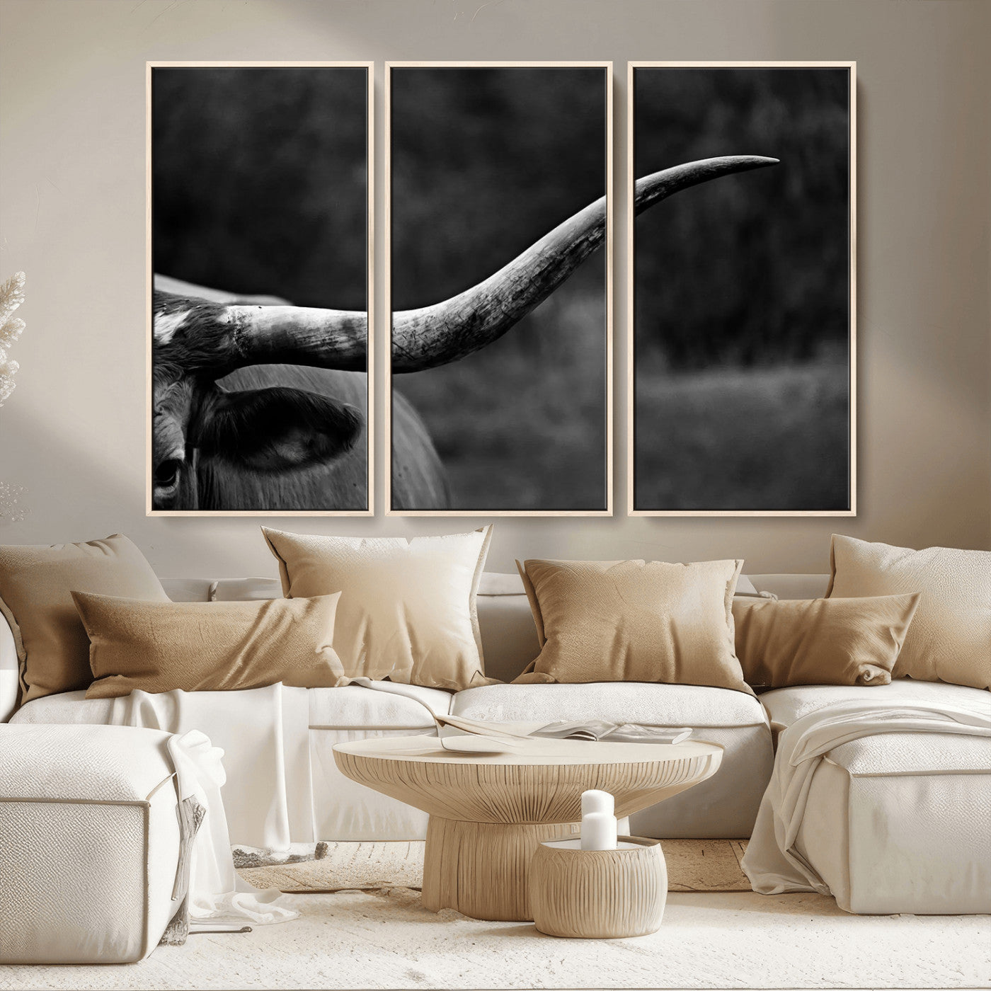 MGV-FC-48X32-3P - Cow Longhorn Wall Art | Black and White Print | Ready to Hang and Framed | Farmhouse Wall Decor |
