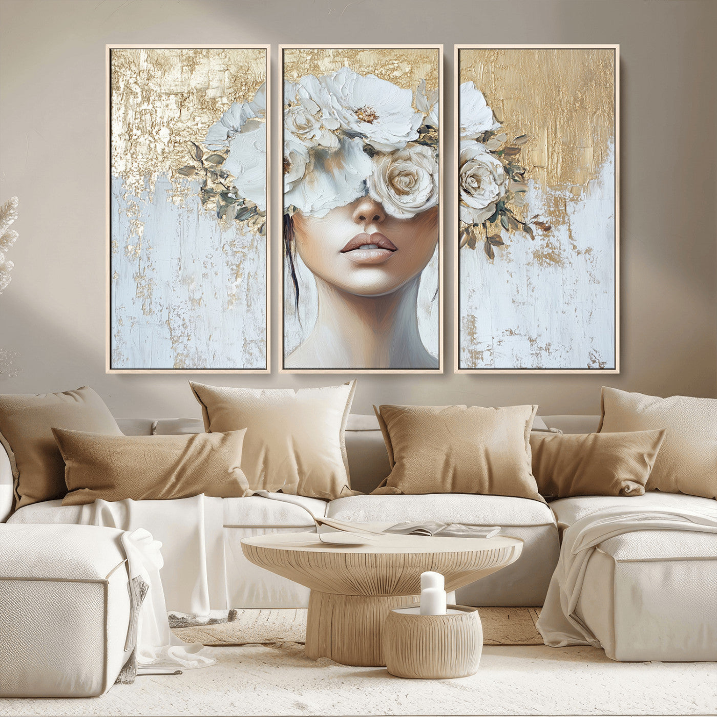 MGV-FC-48X32-3P - Golden Petal Wall Art - Canvas Print Flower Head Woman Painting Floral Woman Portrait Wall Decor,