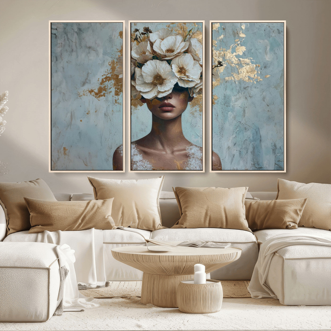 MGV-FC-48X32-3P - Golden Petal Wall Art - Petal Silhouette Woman Wall Art Canvas Print | Large 3-Panel Canvas with