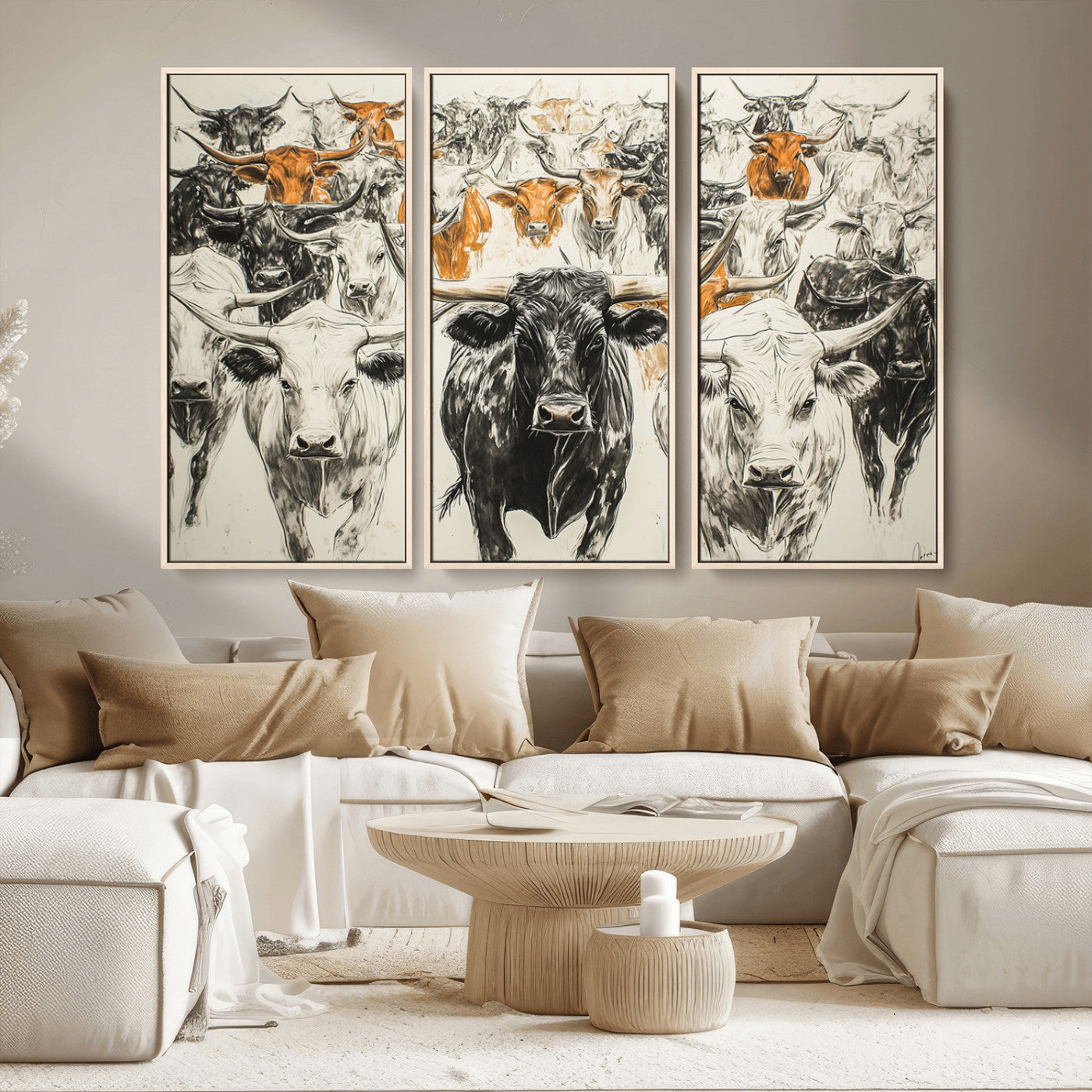 MGV-FC-48X32-3P - Texas Longhorn Wall Art - Herd Canvas Wall Art Print - Abstract Cow Drawing Wall Art Print for