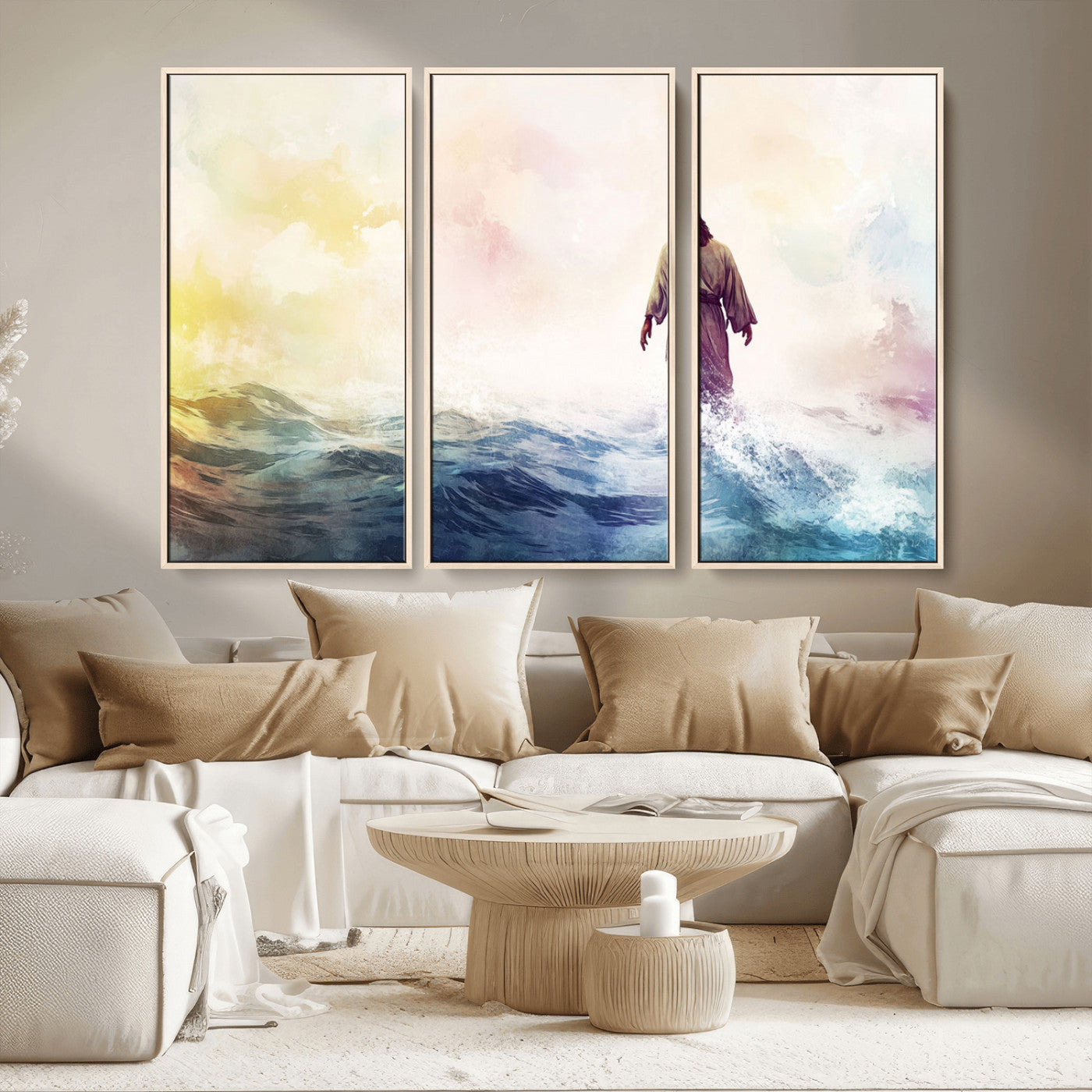 MGV-FC-48X32-3P - Watercolor Jesus Walking on Water Canvas Print, Christian Wall Art, Jesus Christ Walking