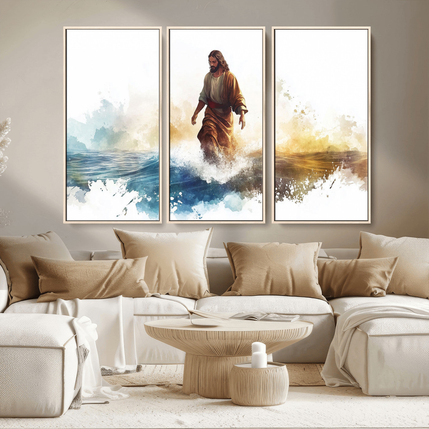 MGV-FC-48X32-3P - Watercolor Jesus Walking Wall Art Print, Jesus Water Canvas Print, Christian Wall Art, Jesus Christ