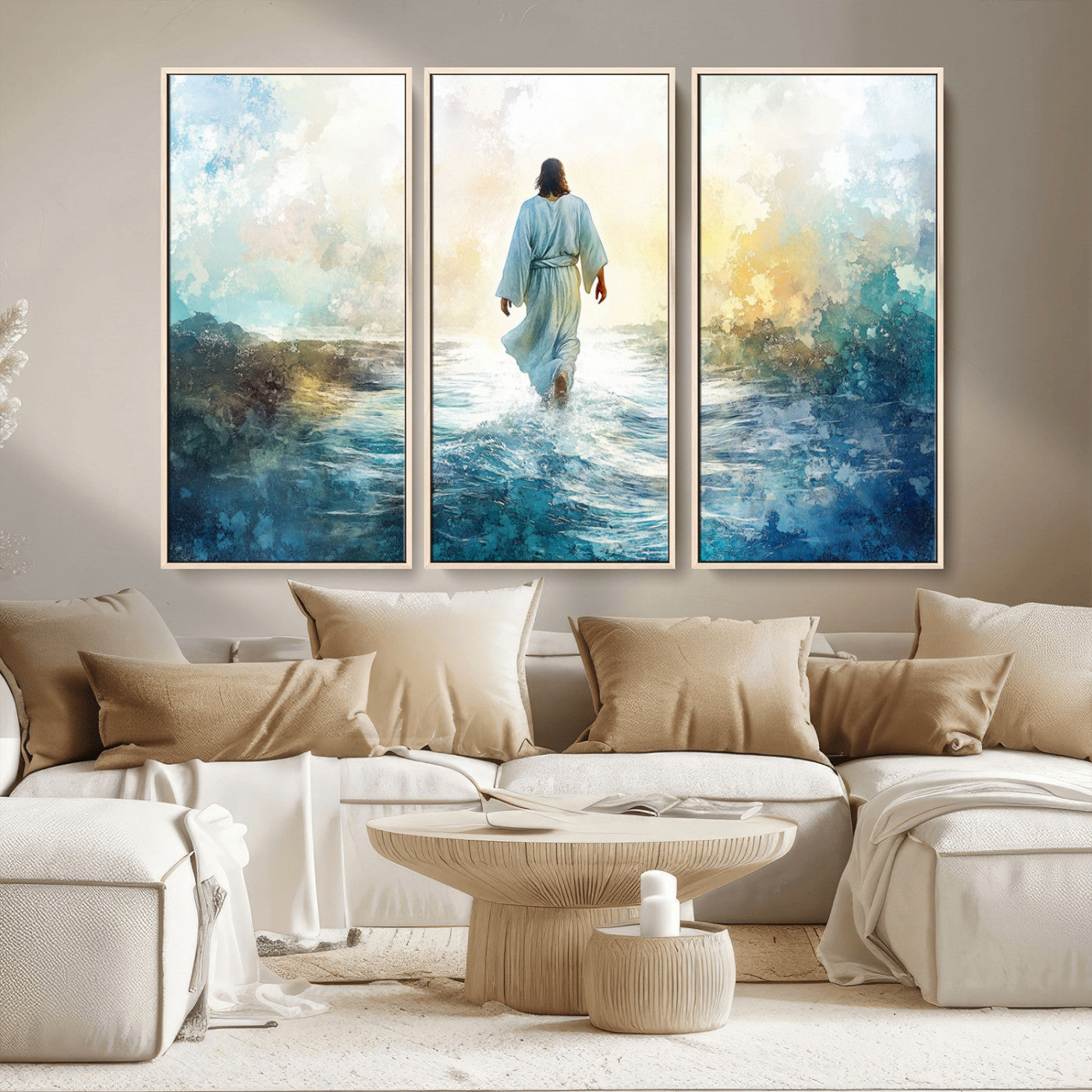 MGV-FC-48X32-3P - Watercolor Jesus Walking on Water Canvas Print, Christian Wall Art, Jesus Christ Walking