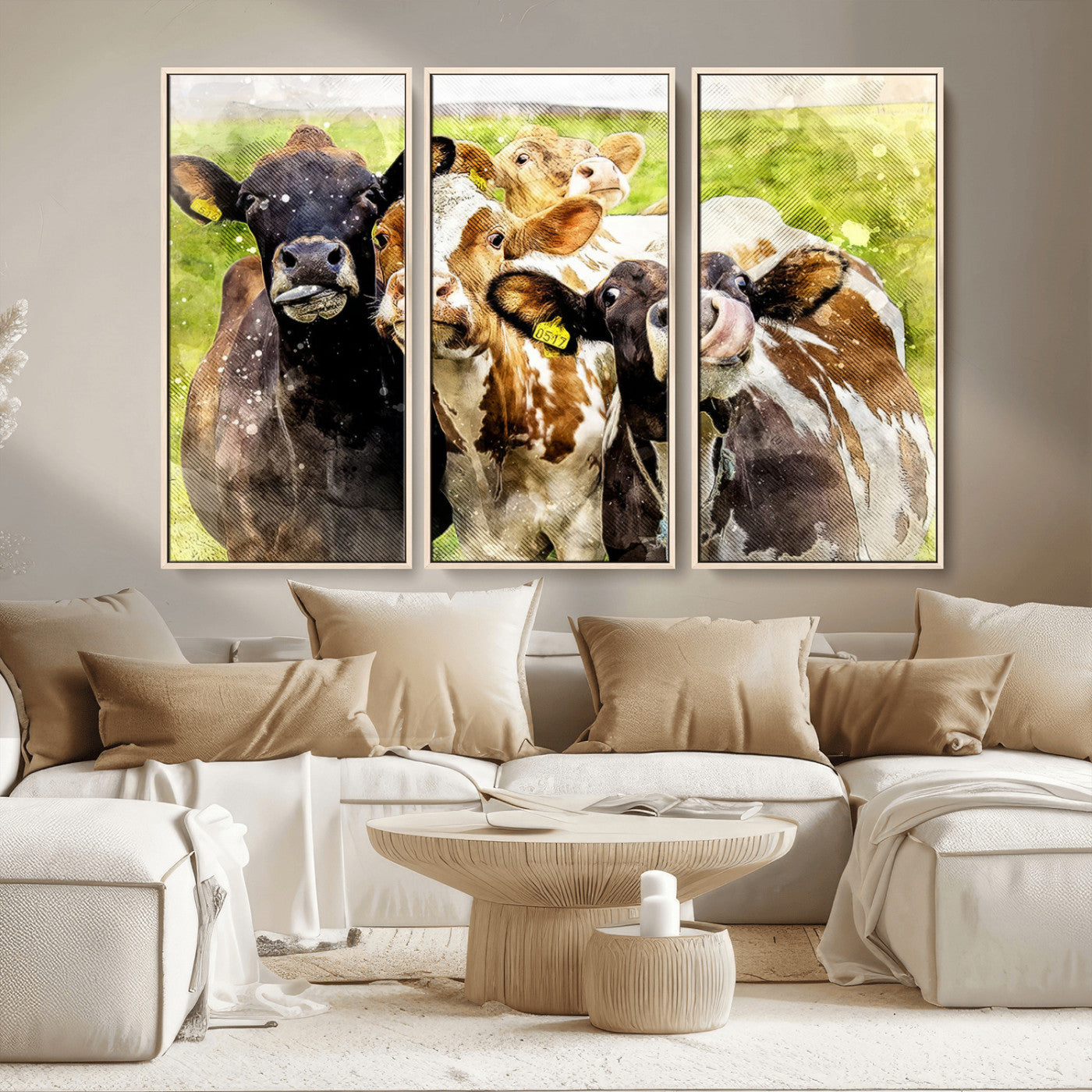 MGV-FC-48X32-3P - Curious Cows Farmhouse Wall Art | Ready to Hang and Framed Canvas Print | Rustic Farm Decor