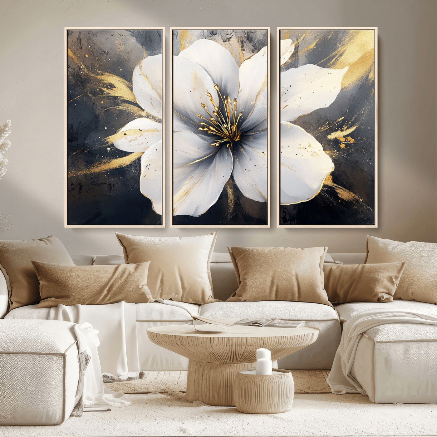 MGV-FC-48X32-3P - White Flower Wall Art Canvas Print | Ready to Hang | Abstract Floral Wall Decor | Elegant Bloom
