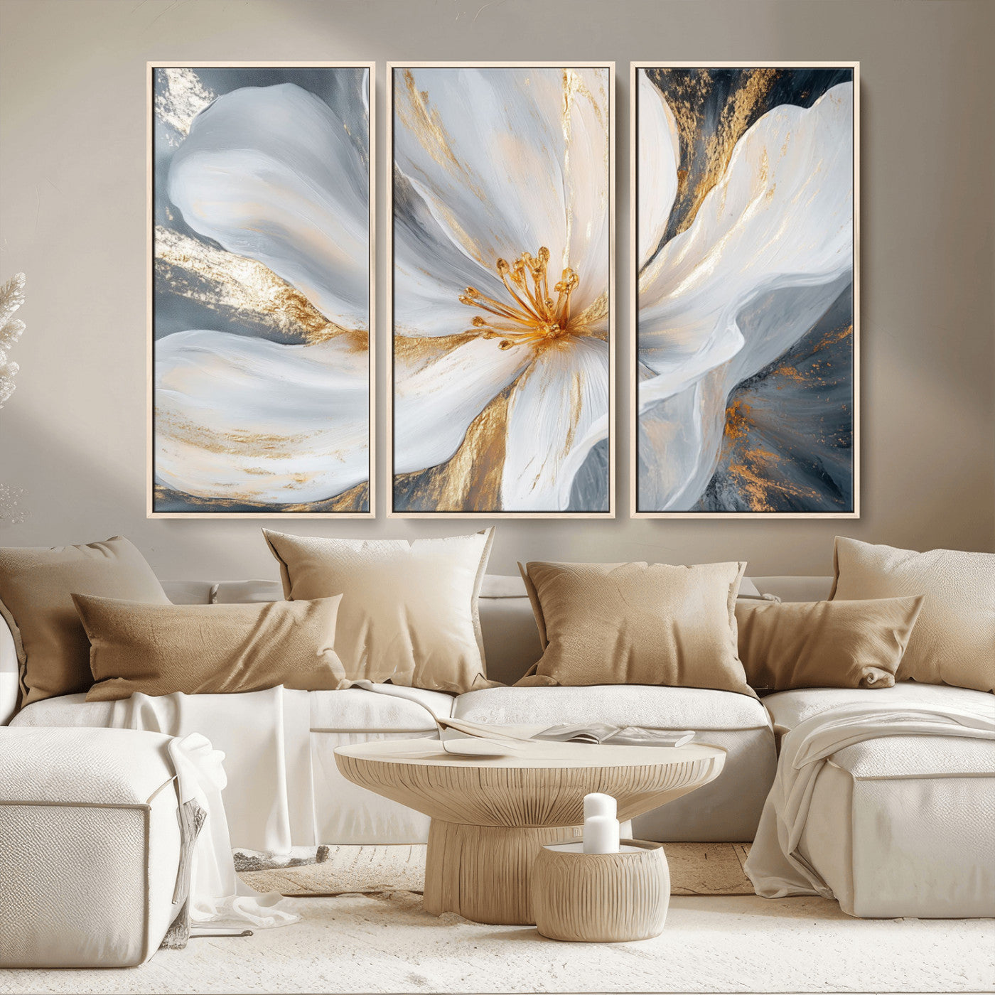 MGV-FC-48X32-3P - White and Gold Floral Canvas Wall Art - Framed and Ready to Hang - Perfect for Modern Living Rooms
