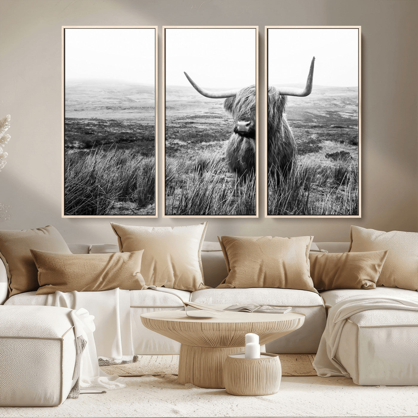 MGV-FC-48X32-3P - Scottish Highland Cow Wall Art | Black and White Canvas Print | Ready to Hang and Framed | Rustic