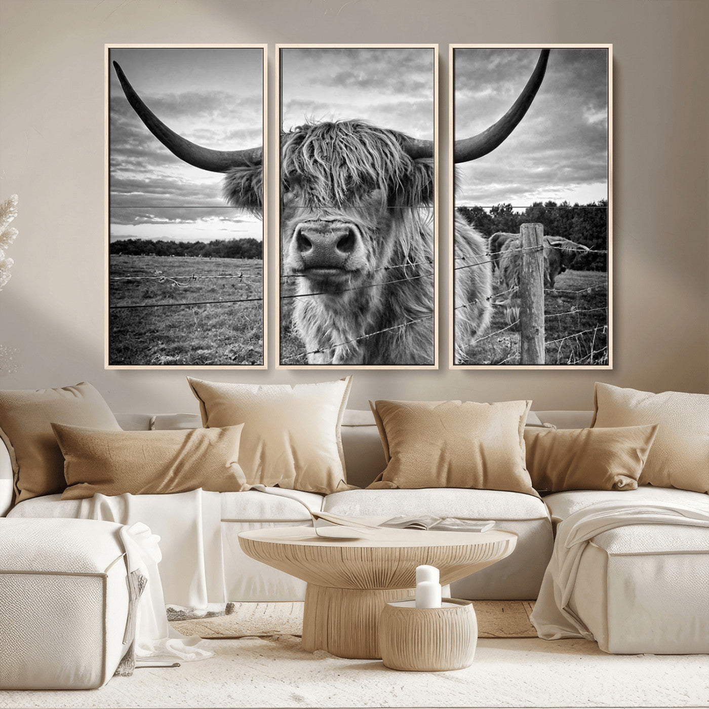 MGV-FC-48X32-3P - Scottish Highland Cow Wall Art Canvas Print | Ready to Hang and Framed | Rustic Farmhouse Decor