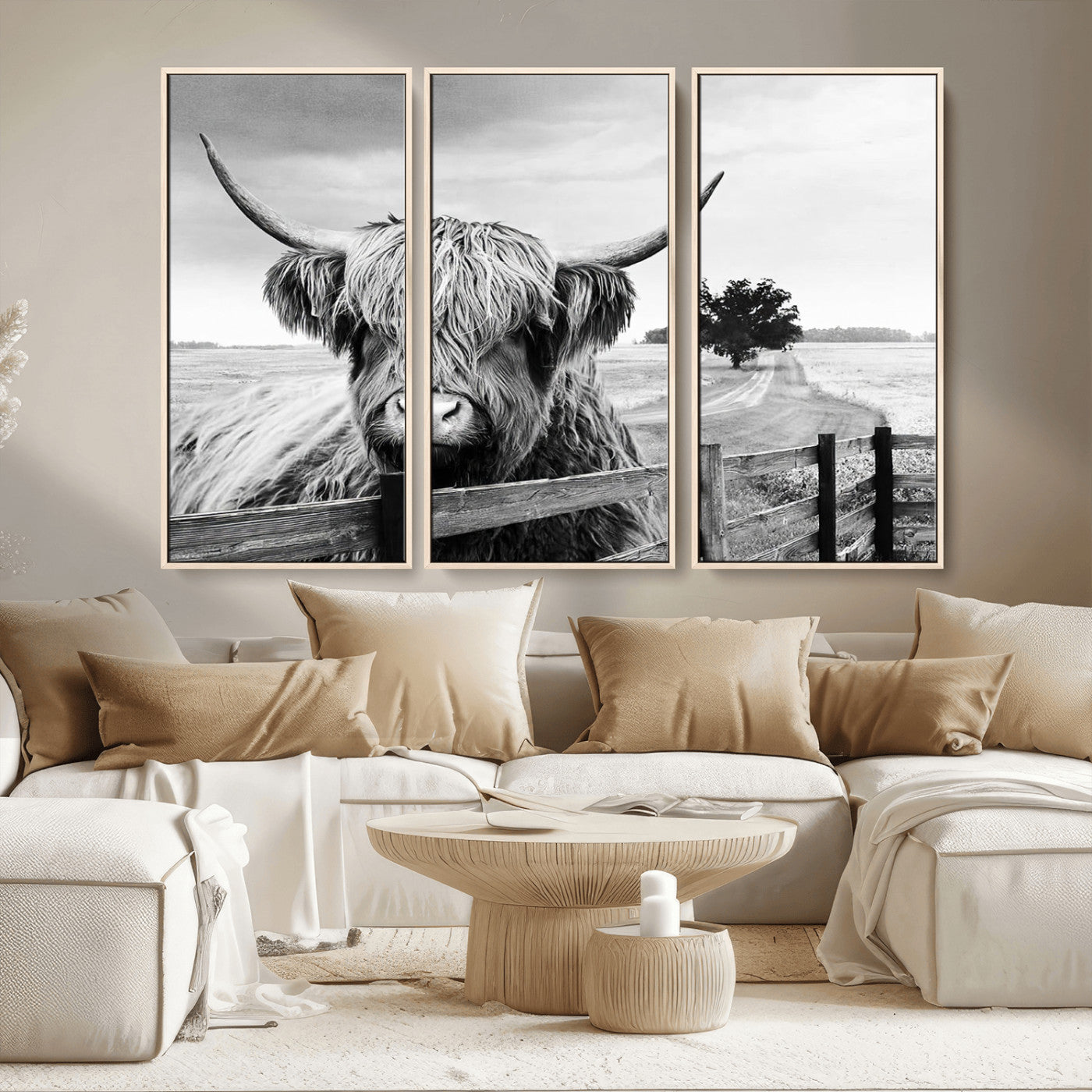 MGV-FC-48X32-3P - Scottish Highland Cow Wall Art | Rustic Farmhouse Décor | Black and White Ready to Hang Canvas Print