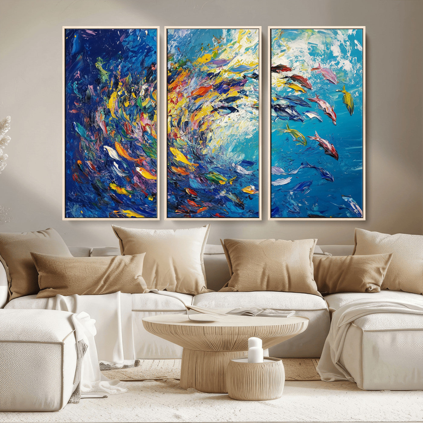 MGV-FC-48X32-3P - Colorful Swirling Fish School Wall Art Canvas Print | Oceanic Abstract Painting | Ready to Hang |