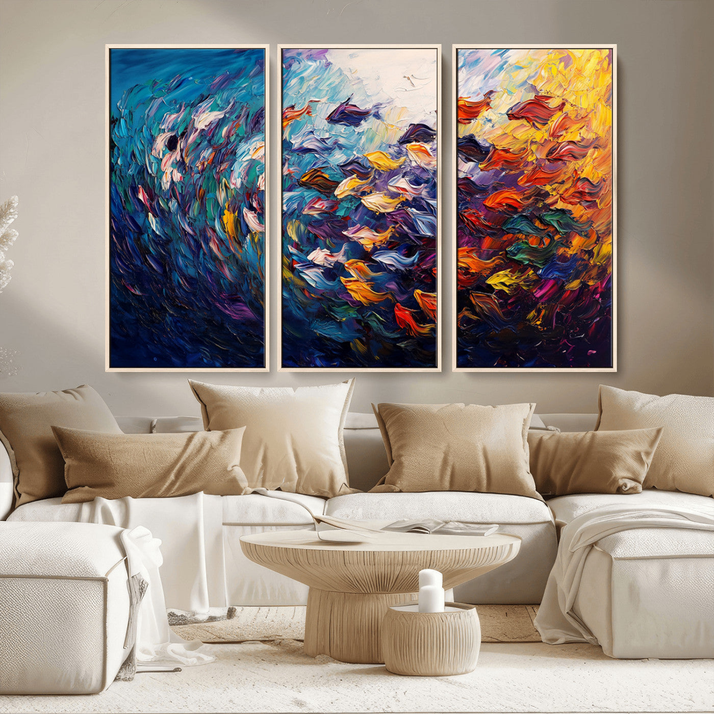 MGV-FC-48X32-3P - Vibrant Abstract Fish Swarm Art – Colorful Fish Inspired 3-Piece Canvas Wall Art for Living Room or