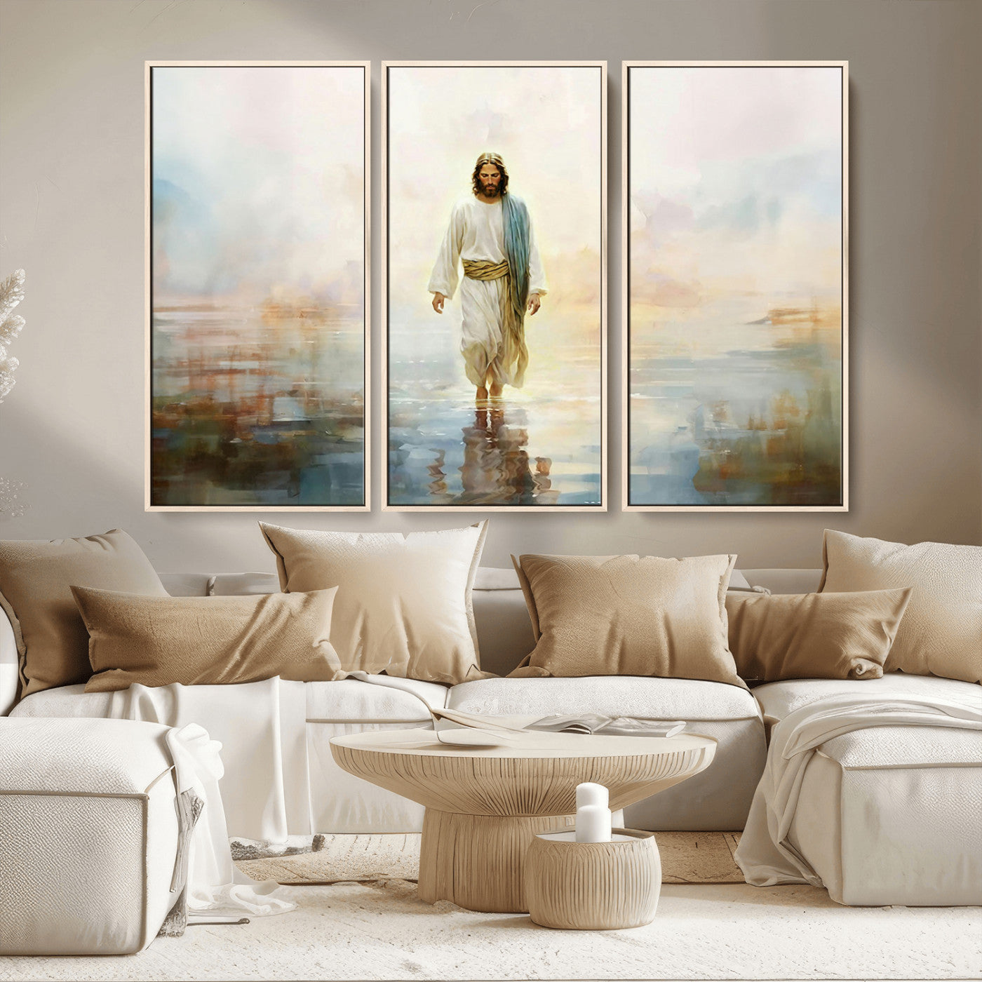 MGV-FC-48X32-3P - Framed Jesus Walking on Water Wall Art - 3-Panel Christian Canvas Prints, Religious Artwork for