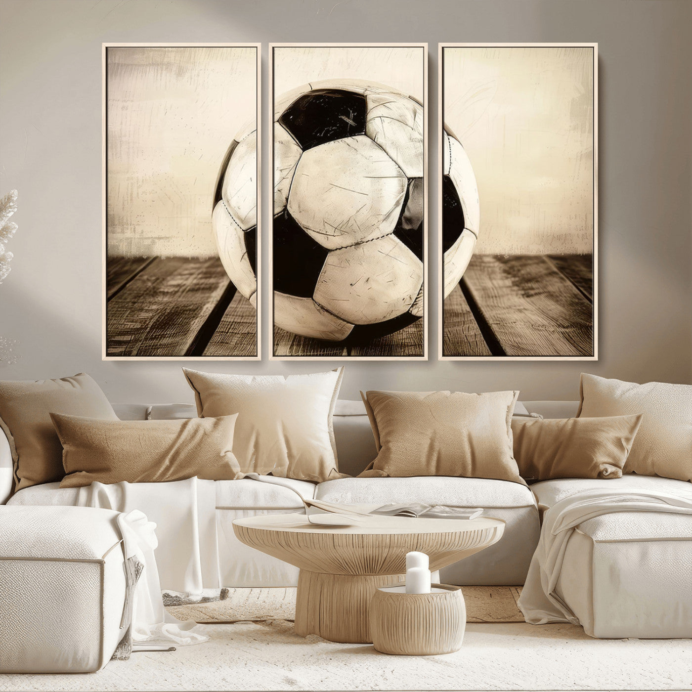 MGV-FC-48X32-3P - Vintage Soccer Ball Wall Decor Canvas Art – 3-Panel Soccer Wall Decor, Framed and Ready to Hang