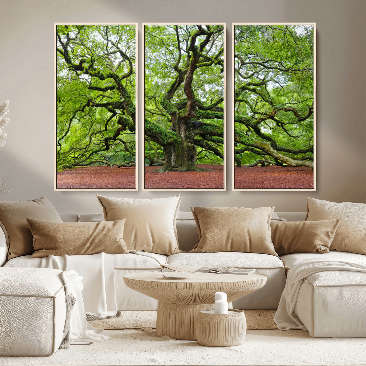 MGV-FC-48X32-3P - Framed Angel Oak Tree Wall Art - 3-Panel Canvas Prints, Large Green Nature Artwork, Ready to Hang