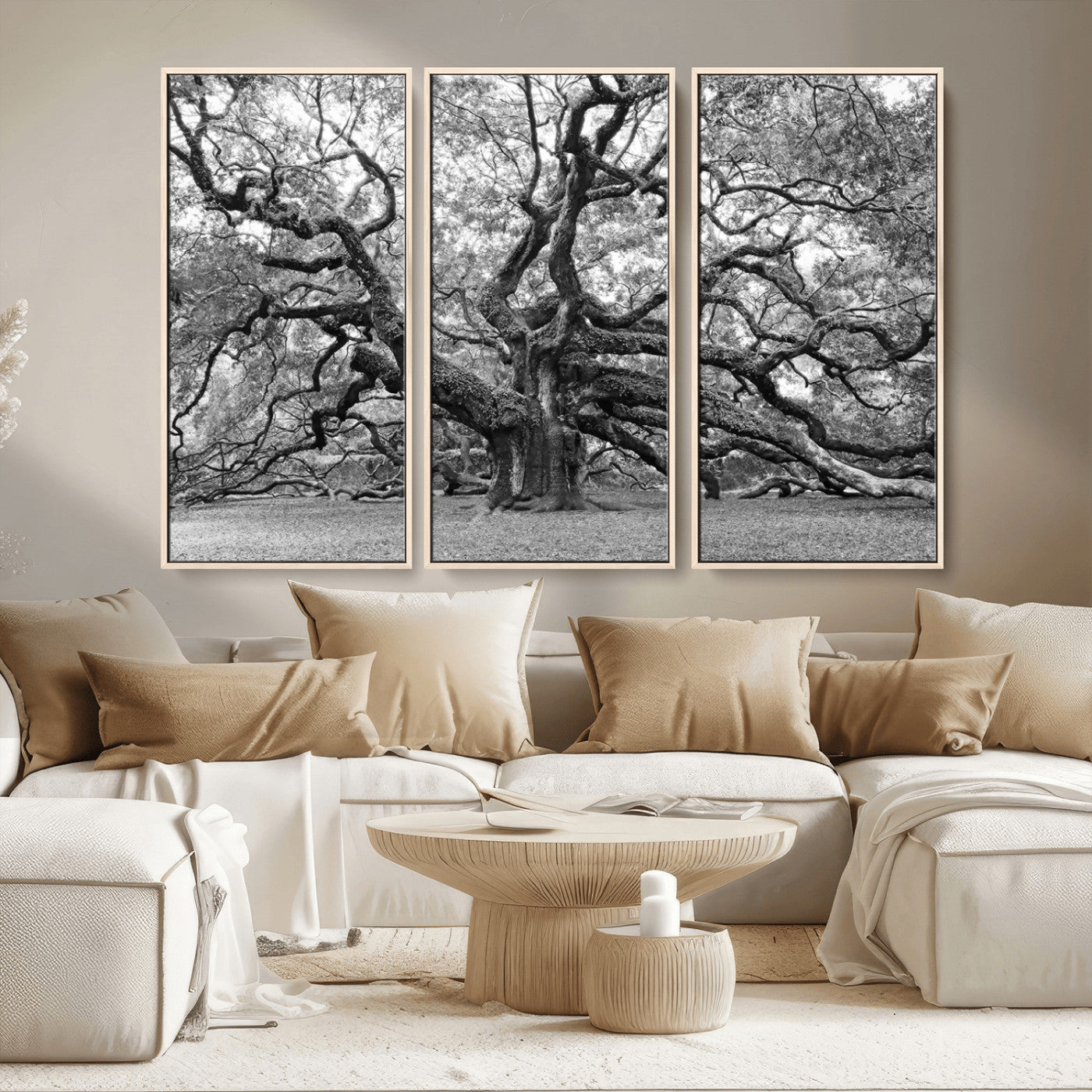 MGV-FC-48X32-3P - Black White Angel Oak Tree Wall Art - Timeless Nature-Inspired Canvas for Rustic, Modern, or
