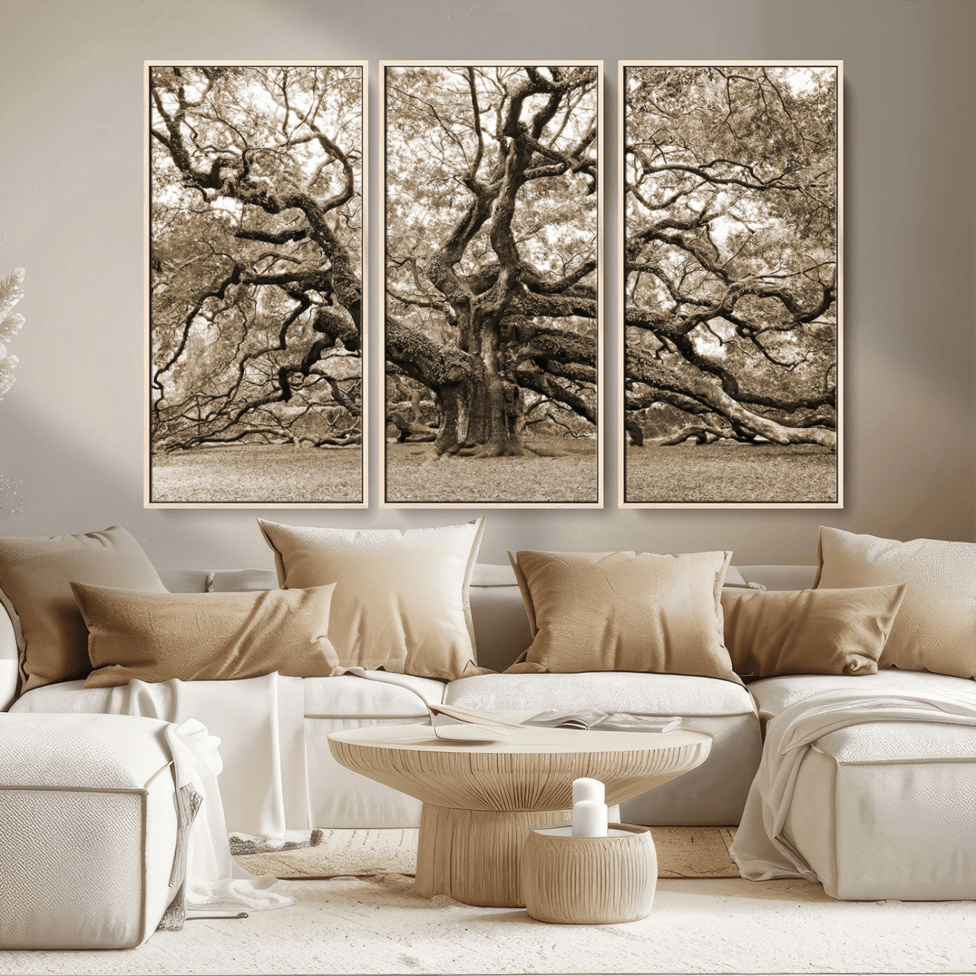 51126-MGV-CV-36X24-Sepia Framed Angel Oak Tree Wall Art - 3-Panel Canvas Prints, Large Green Nature Artwork, Ready to
