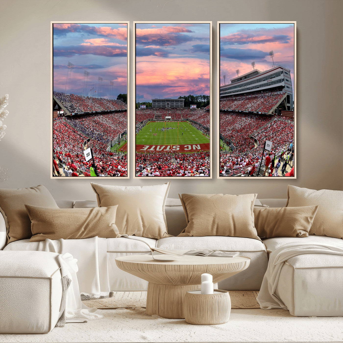 MGV-FC-48X32-3P - Carter-Finley Stadium Art Sunset Game Triple Canvas Wall Art - NC State Wolfpack Football Match
