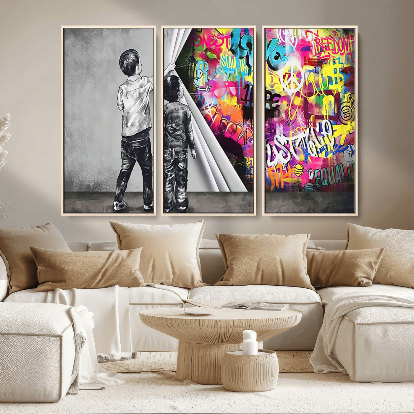 MGV-FC-48X32-3P - Banksy Print - Street Art Canvas Wall Art - Kids Revealing Graffiti, Urban Modern Decor for Living