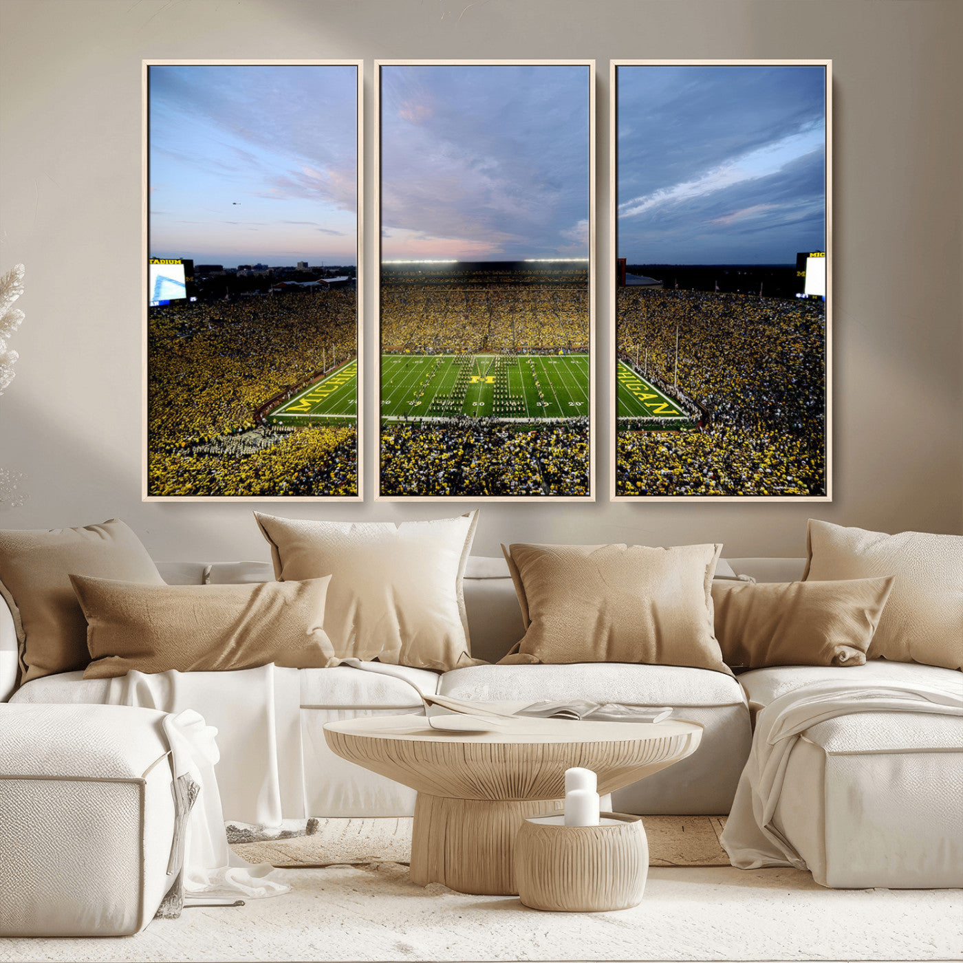 82641-MGV-FC-48X32-3P - Michigan Stadium Wall Art Canvas Print, Vibrant Game Day Crowd and Sunset Sky Football Field Artwork for Home, Office