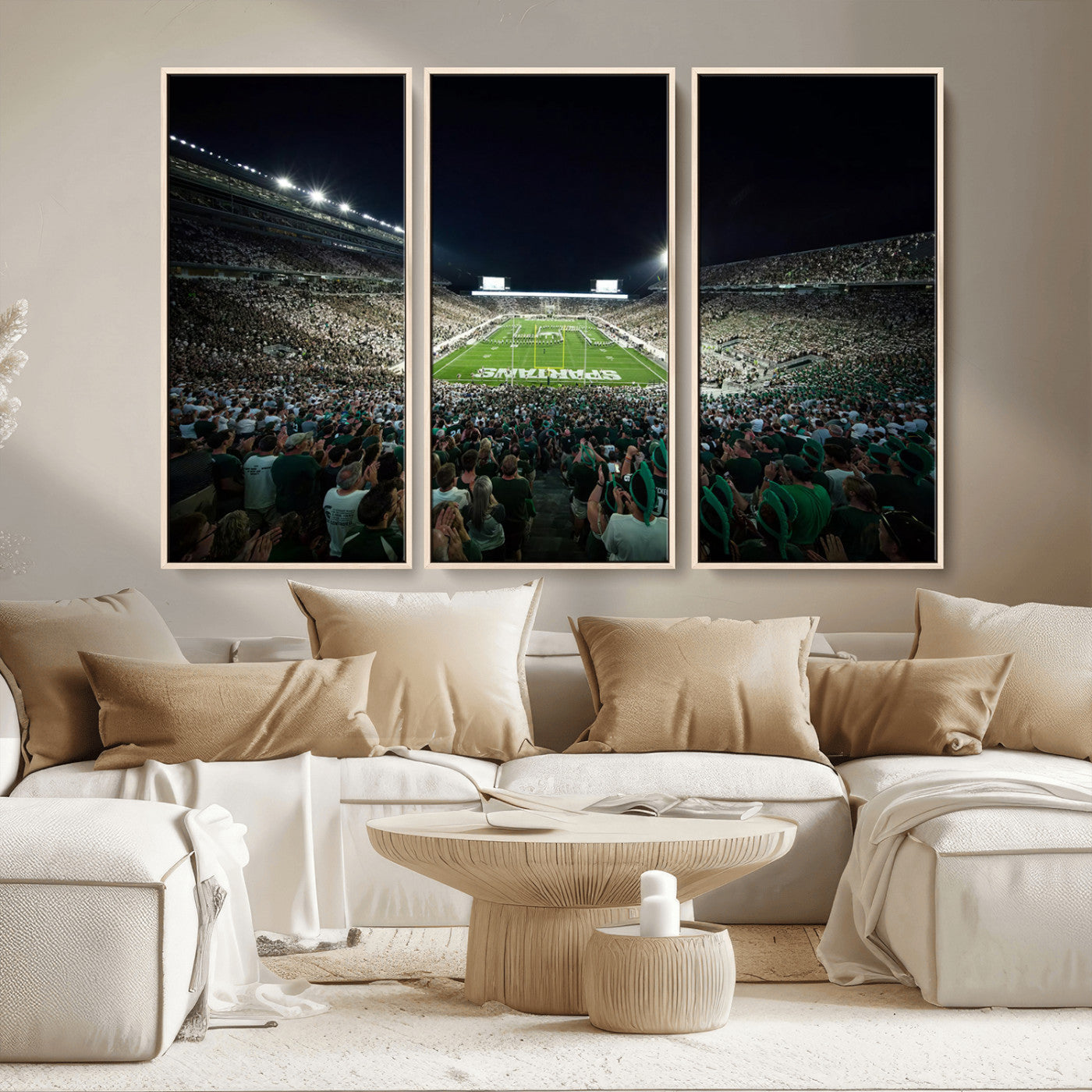 MGV-FC-48X32-3P - Framed Michigan State Spartans Football Team Print - East Lansing Spartan Stadium Wall Art Canvas