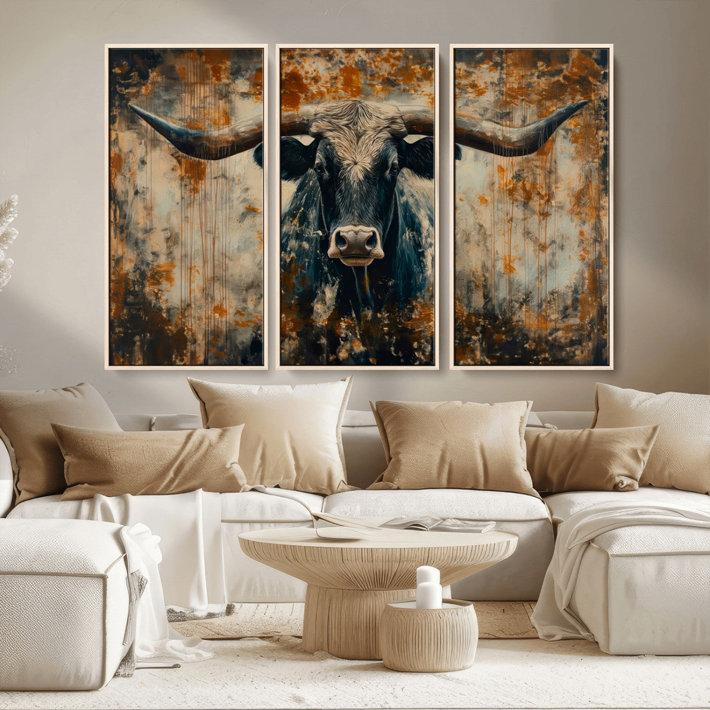 MGV-FC-48X32-3P - Abstract Longhorn Bull Wall Art | Rustic Western Wall Decor | Framed and Ready to Hang | Ideal for