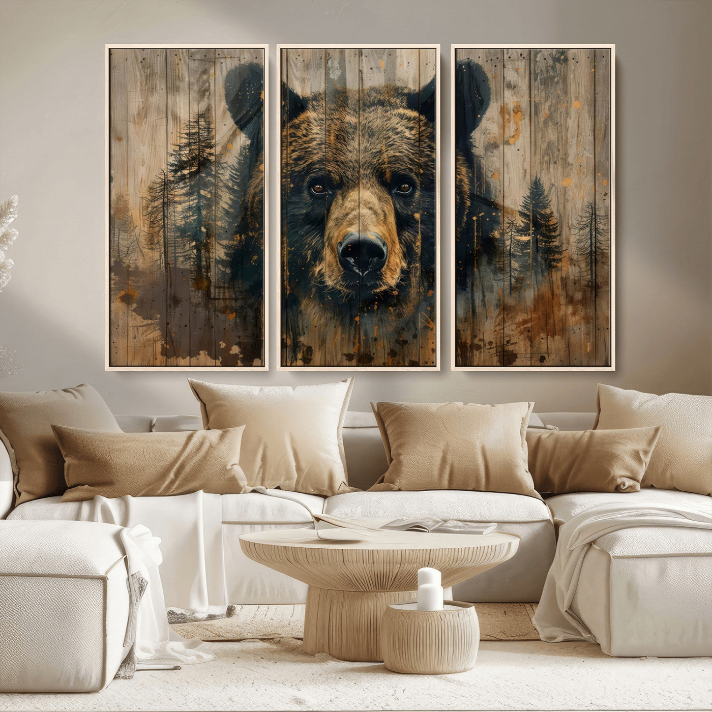 MGV-FC-48X32-3P - Abstract 399 Bear Wall Art | Rustic Cabin Wall Decor with Forest Design | Framed and Ready to Hang |