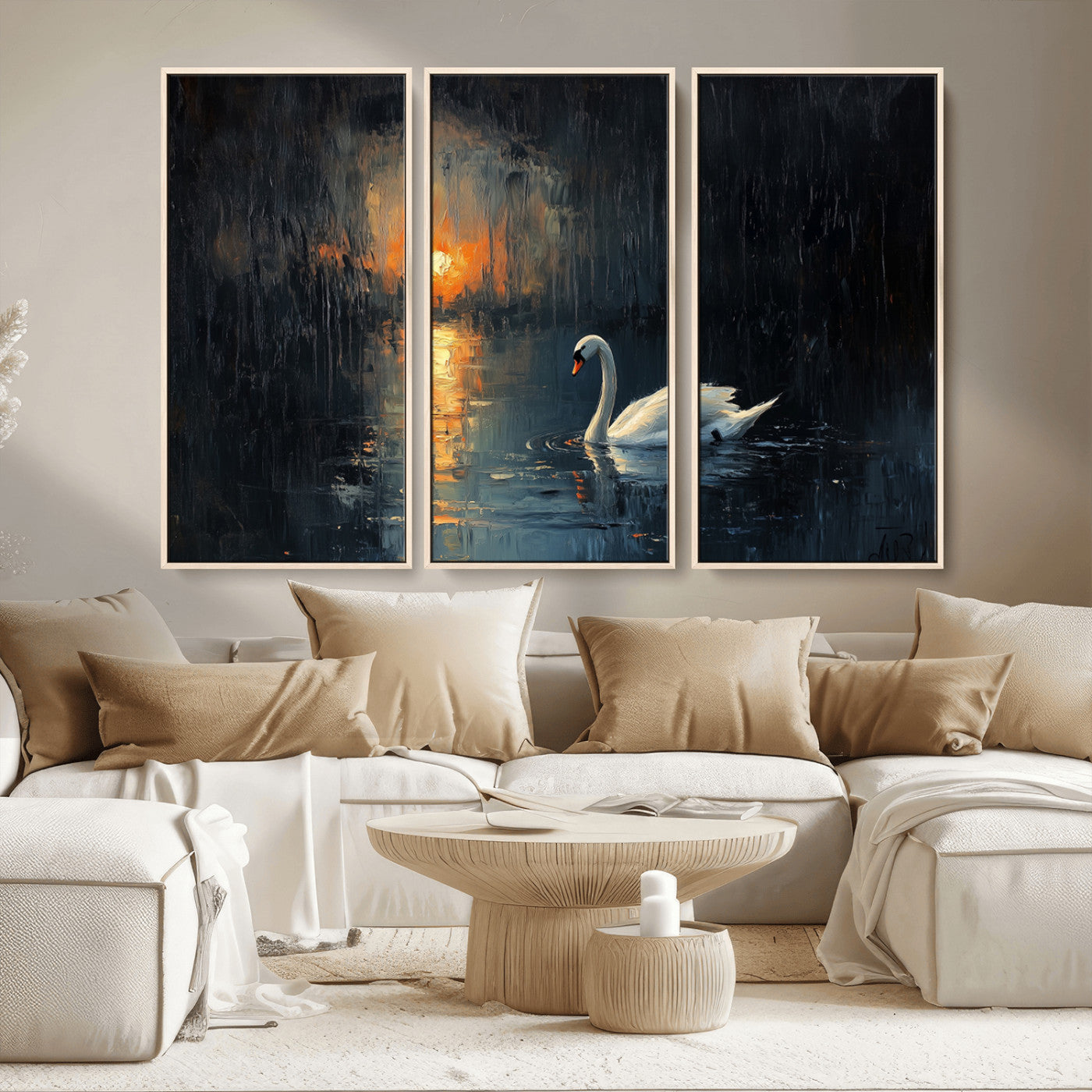 MGV-FC-48X32-3P - Abstract Swan on Water Wall Art Canvas Print - Elegant Nature Scene for Modern Home Decor