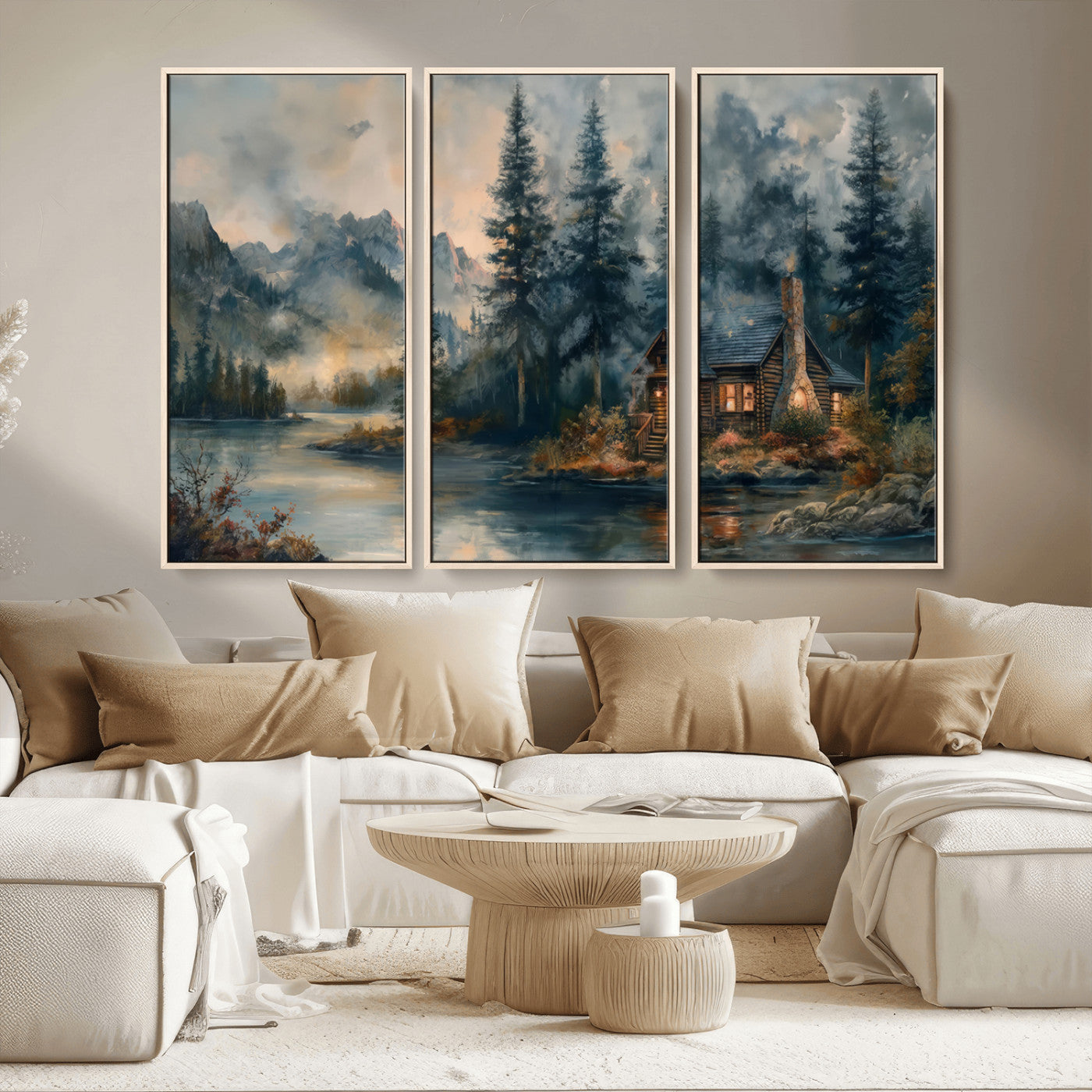 MGV-FC-48X32-3P - Rustic Cabin Woods Wall Art Print | Lake in a Forest Canvas Print | Cabin, Lodge, and Farmhouse