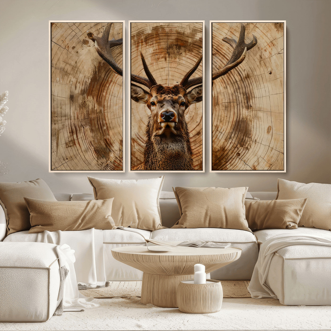 MGV-FC-48X32-3P - Wood Abstract Deer Wall Art | Rustic Wildlife Canvas Print | Ready to Hang Stag Head Triptych for