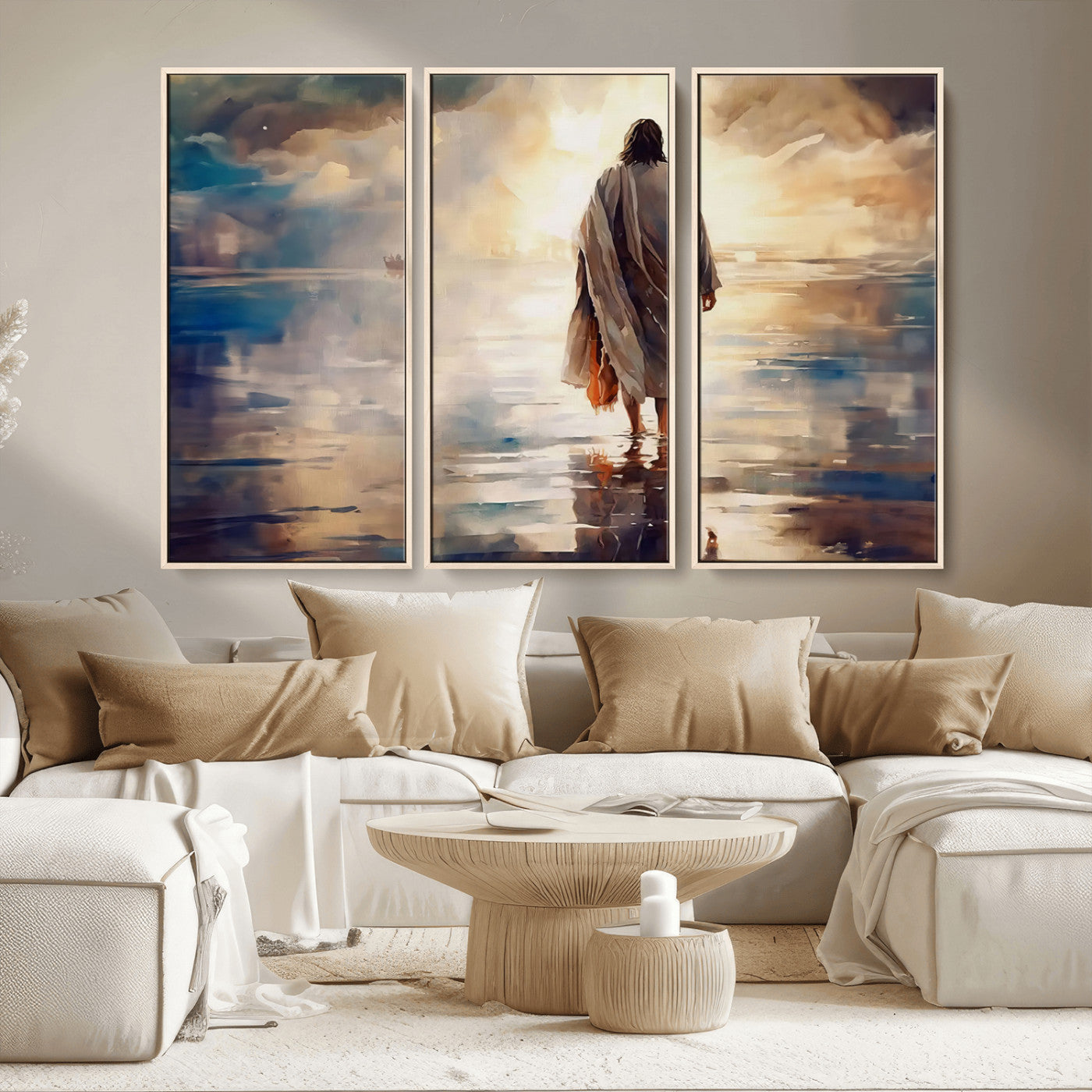 MGV-FC-48X32-3P - Jesus Walking on Water Wall Art | Ready to Hang Spiritual Triptych Canvas Print | Inspirational