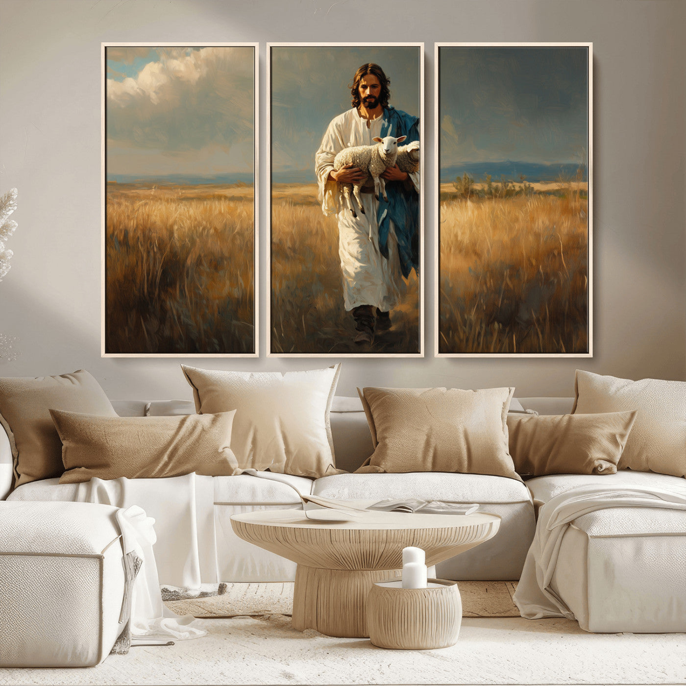 MGV-FC-48X32-3P - Jesus Shepherd Wall Art | Ready to Hang Triptych Canvas of Jesus Holding a Lamb in a Field |