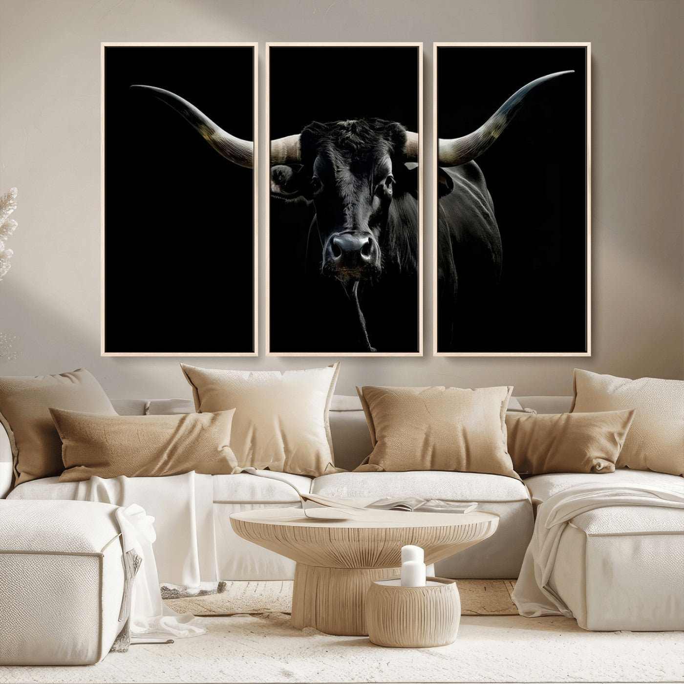 MGV-FC-48X32-3P - Texas Black Longhorn Bull Wall Art Canvas Print - Western Texas Cattle Rustic Decor Print - Longhorn