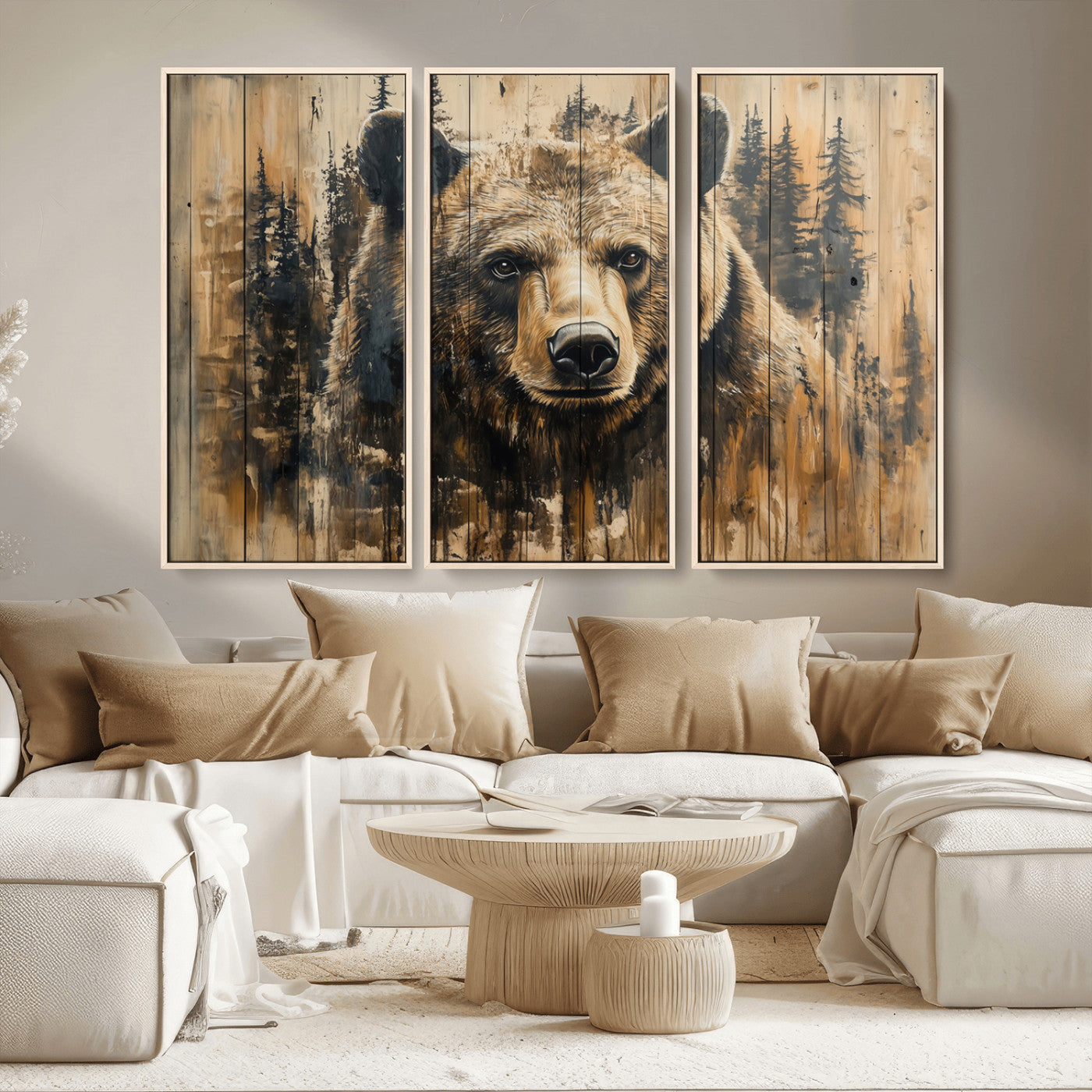 MGV-FC-48X32-3P - Majestic Grizzly 399 Bear Wall Art | 3-Panel Rustic Canvas Print for Living Room, Office, or Cabin