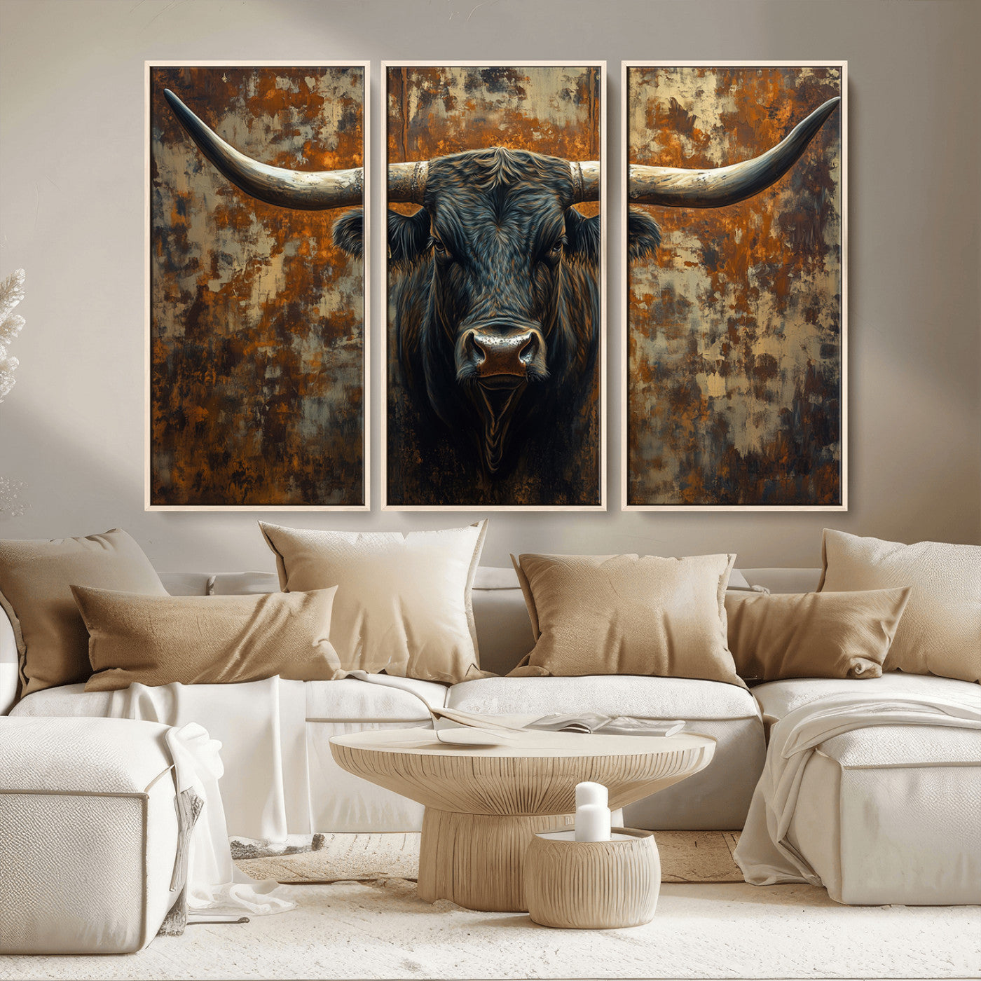 MGV-FC-48X32-3P - Longhorn Texas Cow Bull Wall Art | Rustic Farmhouse Canvas Print | Ready to Hang Barn Decor for