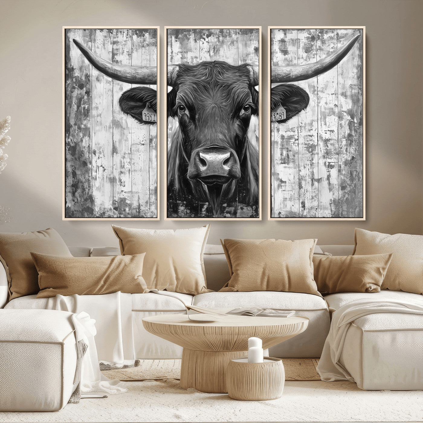 MGV-FC-48X32-3P - Abstract Longhorn Bull Wall Art Canvas Print - Rustic Texas Western Cow Artwork