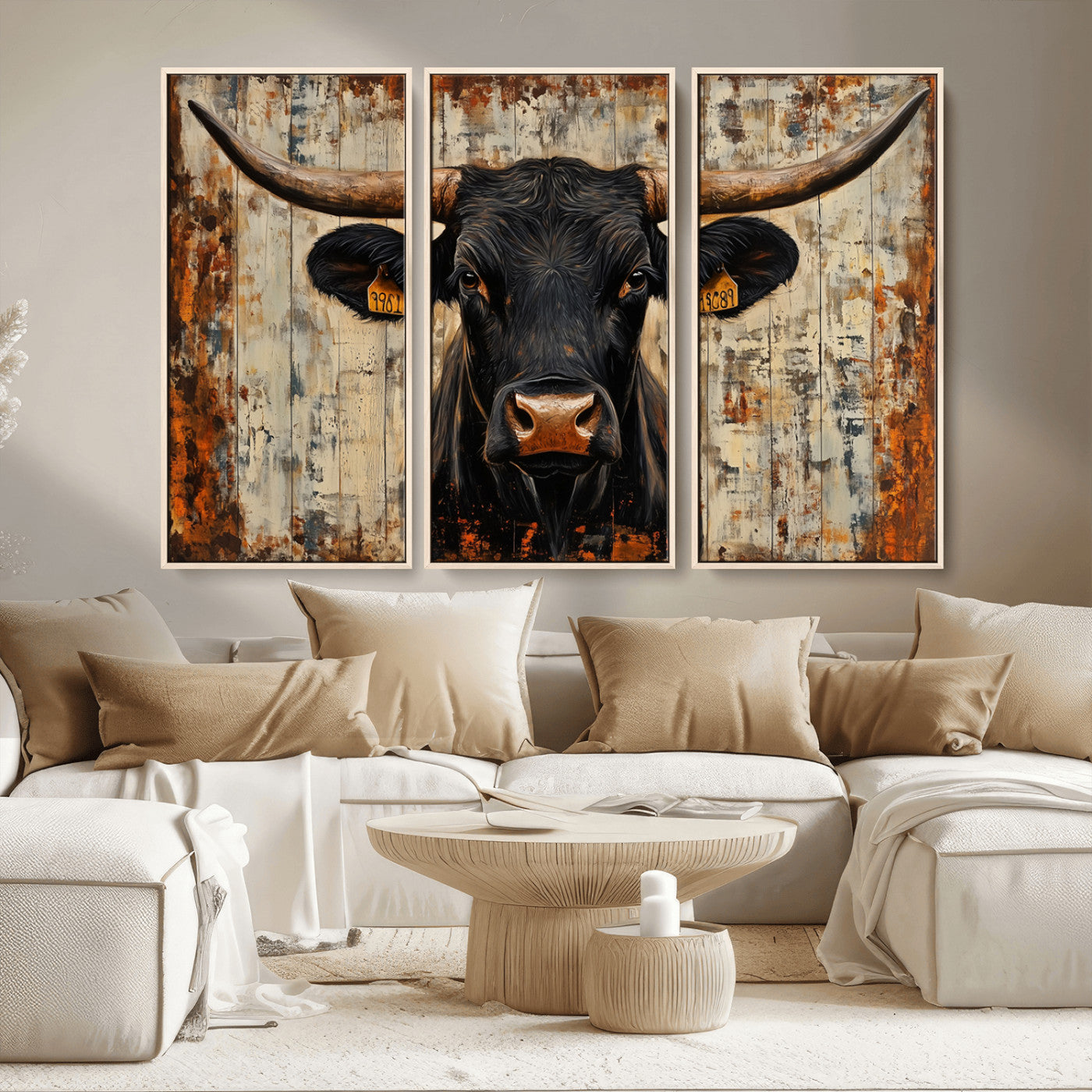 MGV-FC-48X32-3P - Rustic Texas Artwork Wall Art Canvas Print - Abstract Cow Longhorn Bull Wall Art Canvas Print