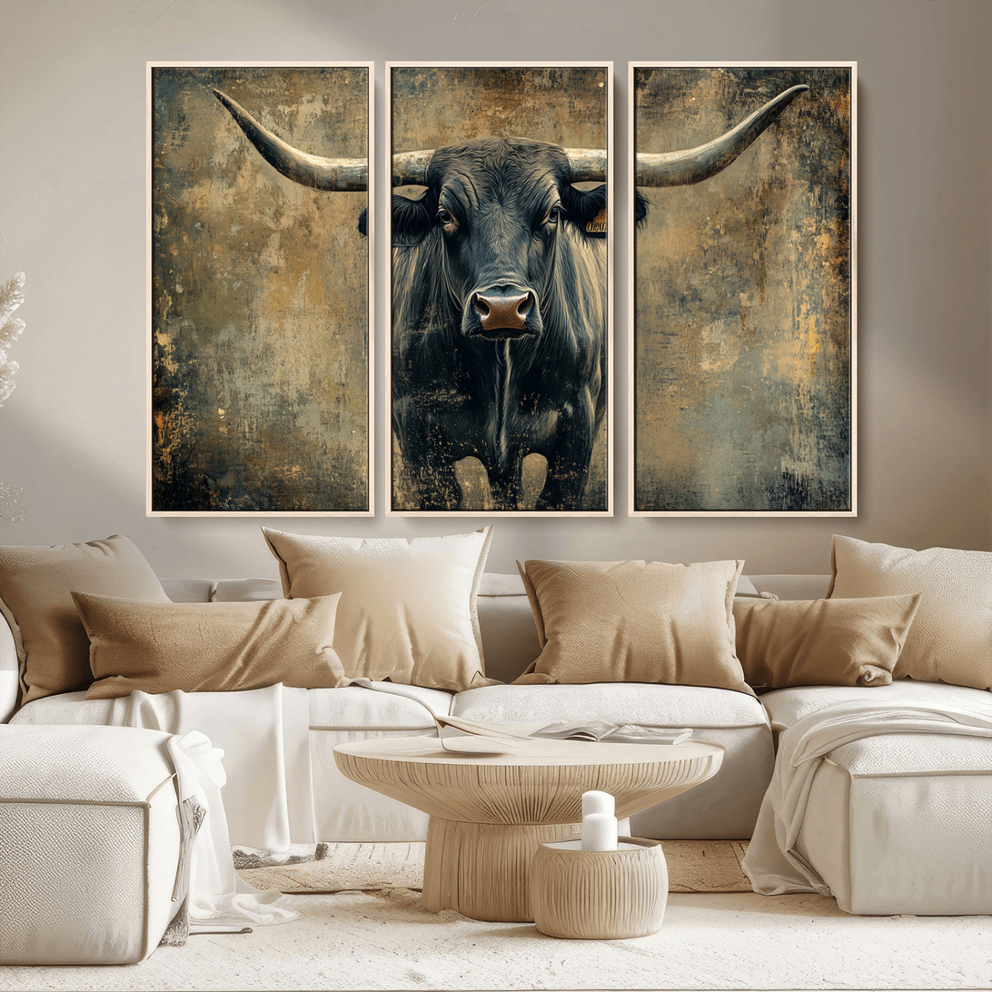 MGV-FC-48X32-3P - Longhorn Bull Wall Art Canvas Print, Framed Rustic Cow Art Picture Print, Texas Longhorn Perfect Western Decor Artwork