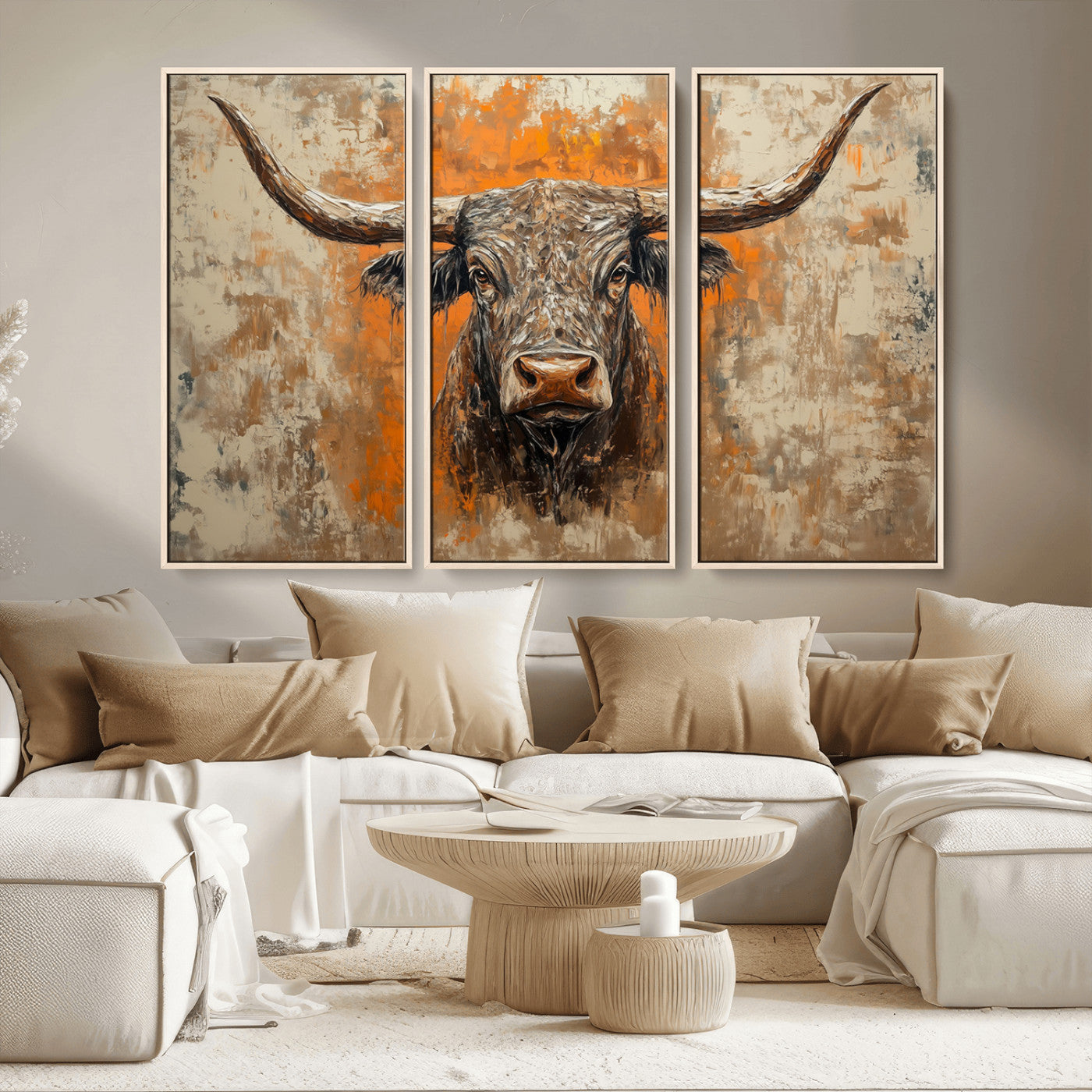 MGV-FC-48X32-3P - Abstract Cow Longhorn Bull Wall Art Canvas Print - Rustic Texas Western Cattle Artwork