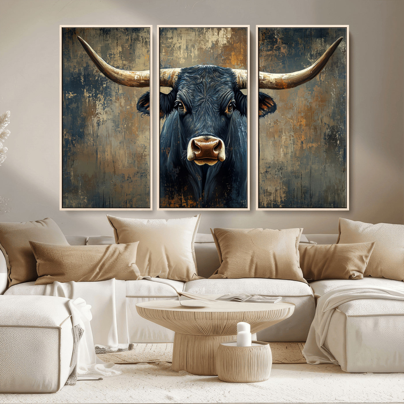 MGV-FC-48X32-3P - Texas Western Wall Art Canvas Print - Abstract Cow Longhorn Bull Wall Art Canvas Print - Rustic Cow
