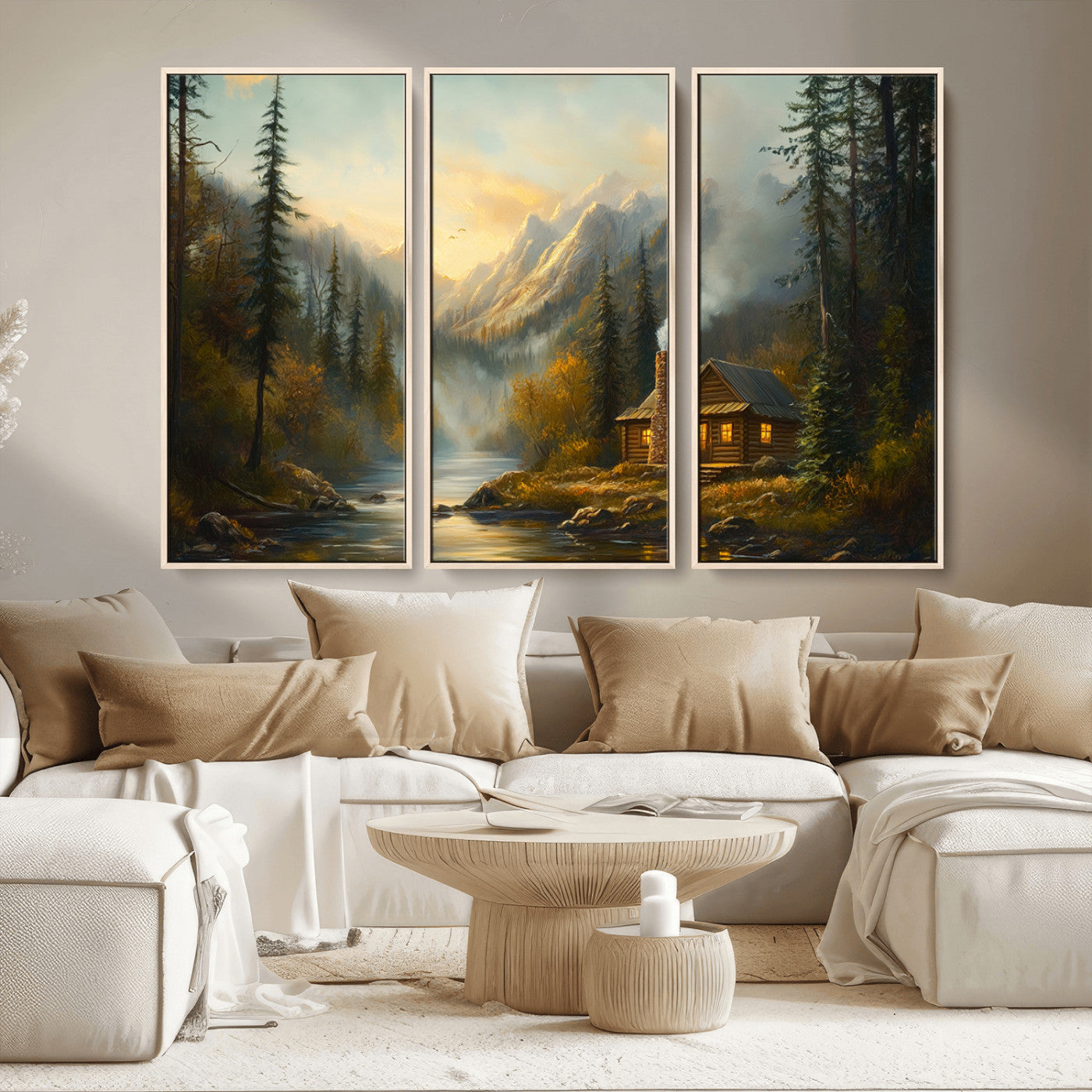 MGV-FC-48X32-3P - Wood Cabin Retreat Mountain at Sunset Wall Art Print - Serene Forest and River Landscape Wall Art
