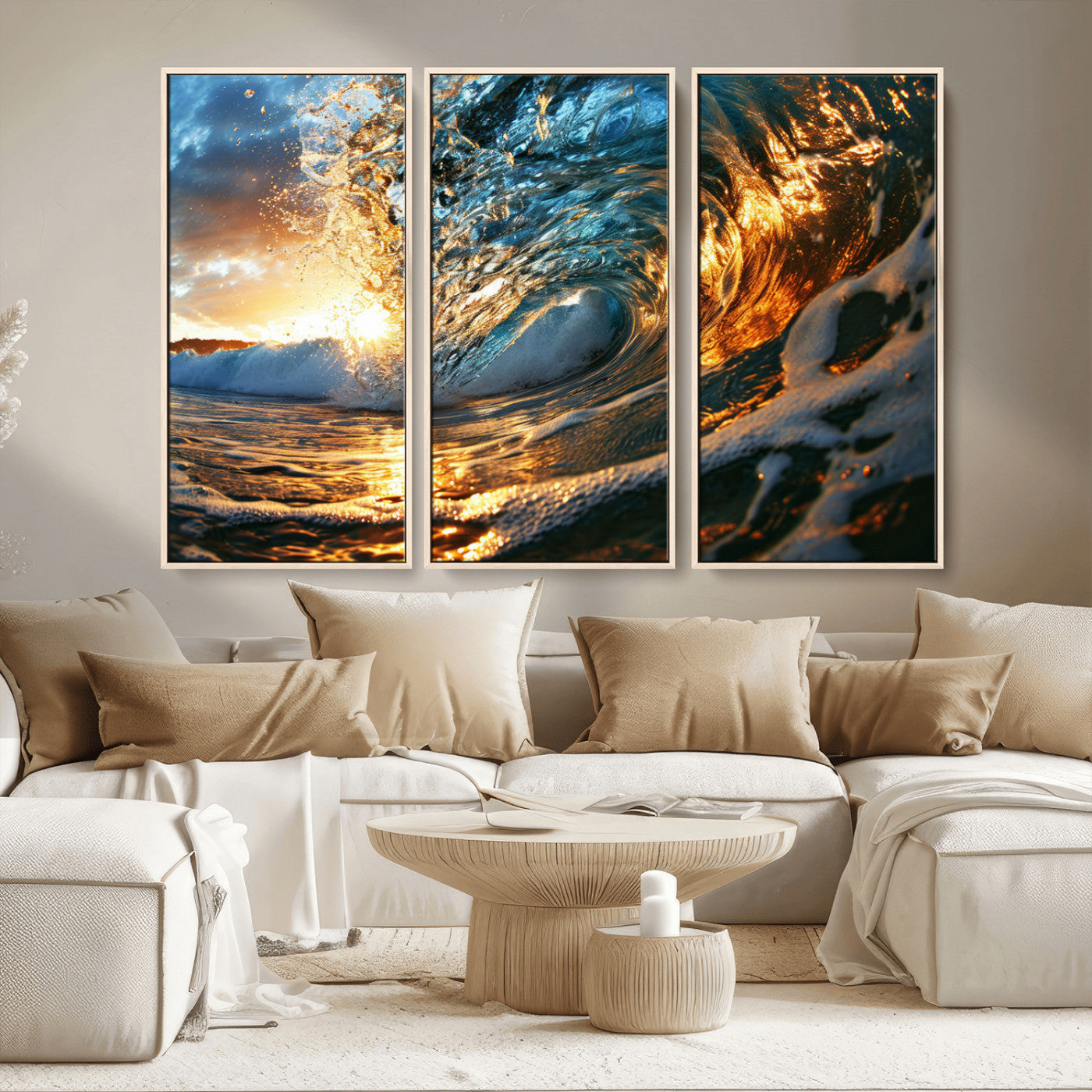 MGV-FC-48X32-3P - Ocean Wave at Sunset Canvas Wall Art – Vibrant Coastal Beach Waves Print, Large Nautical Decor,