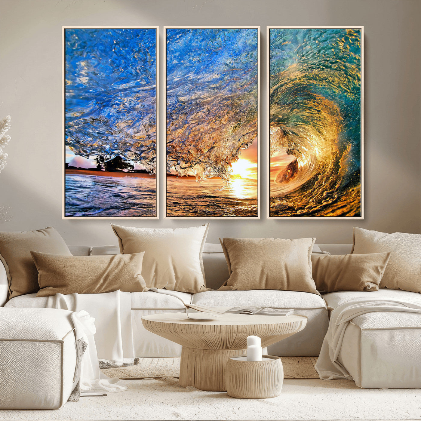 MGV-FC-48X32-3P - Ocean Wave at Sunset Canvas Wall Art – Vibrant Coastal Beach Waves Print, Large Nautical Decor,