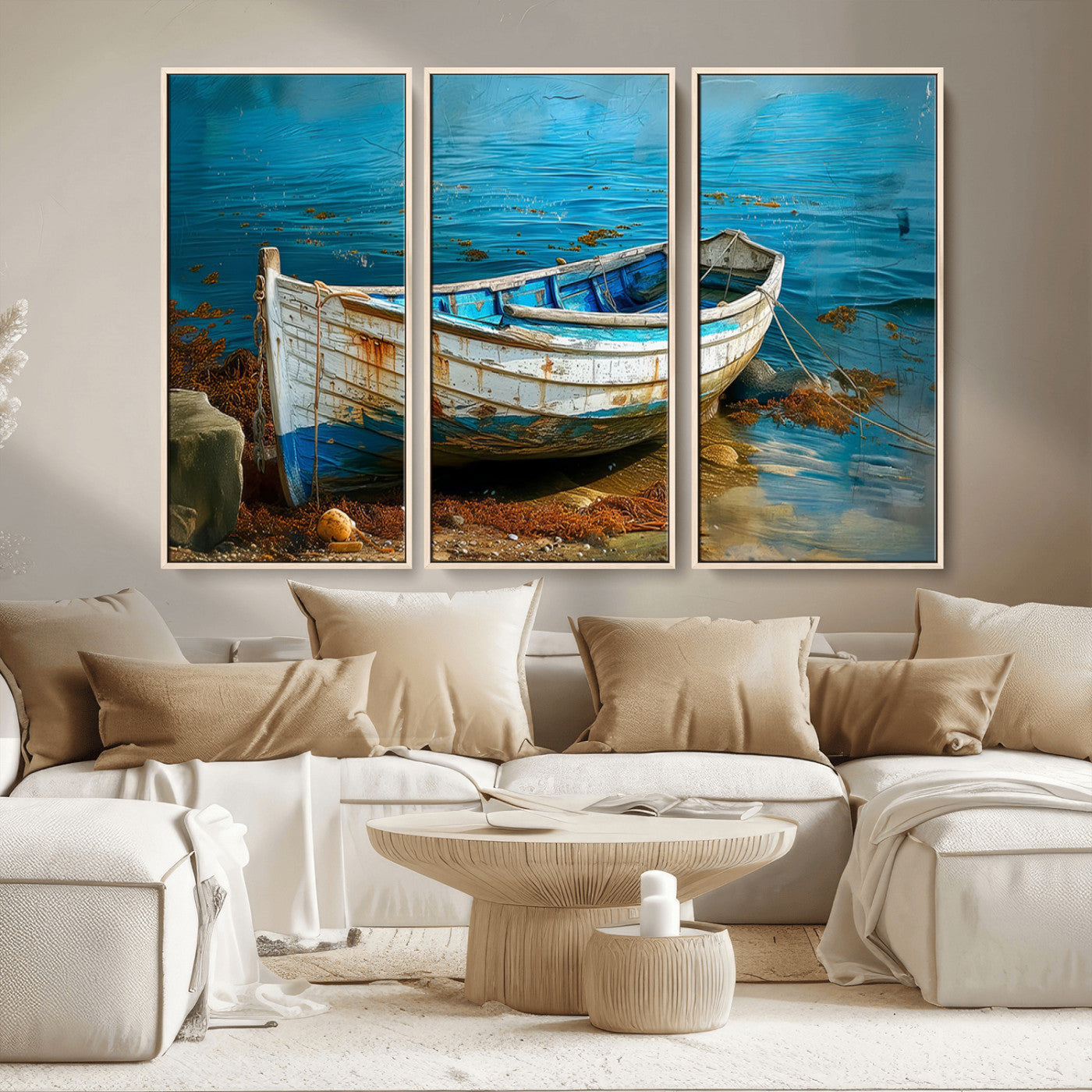 MGV-FC-48X32-3P - Vintage Boat on Tranquil Waters | Coastal Wall Art for Nautical Decor | Rustic Triptych Canvas Print