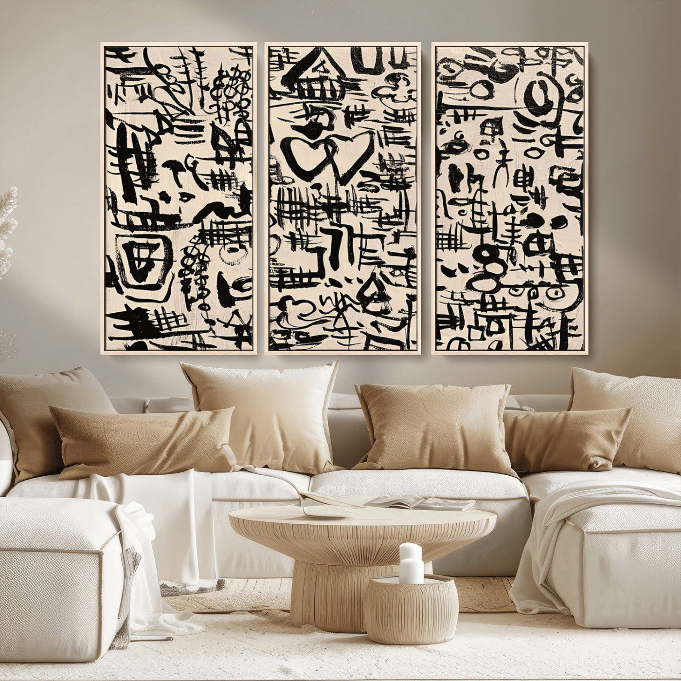68273-MGV-FC-48X32-3P - Abstract Love and Chaos Canvas Print, Black Symbols on Beige