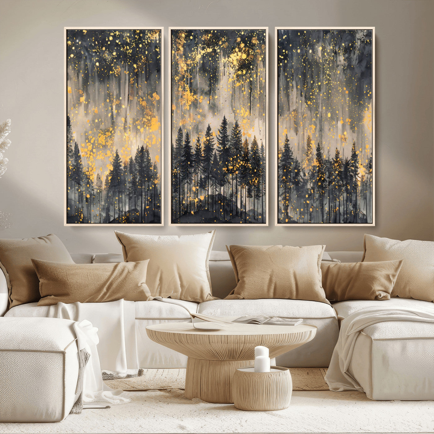 MGV-FC-48X32-3P - Golden Forest Abstract Wall Art | Dark Forest with Gold Splatter Accents | Triptych Ready to Hang