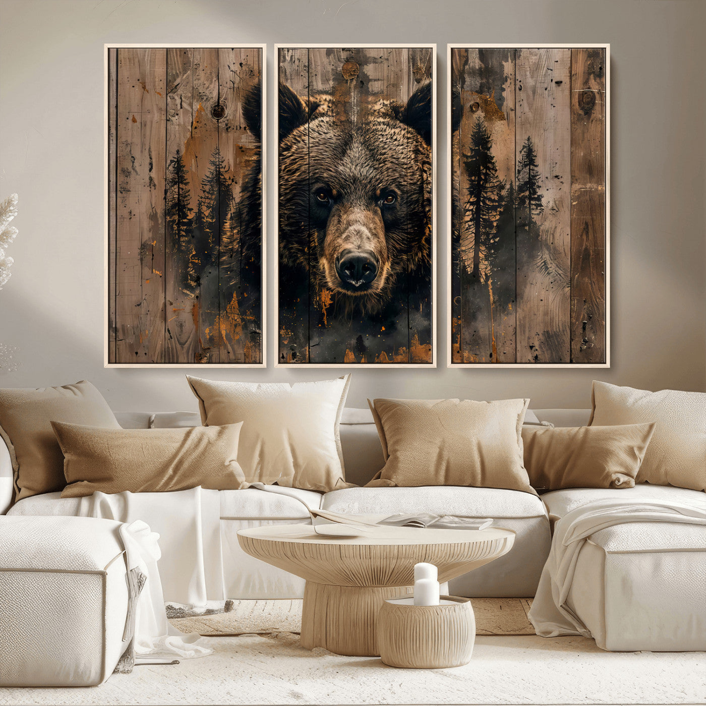 MGV-FC-48X32-3P - Rustic Grizzly 399 Wall Art | Triptych Canvas Print | Rustic Cabin Wall Decor | Perfect for